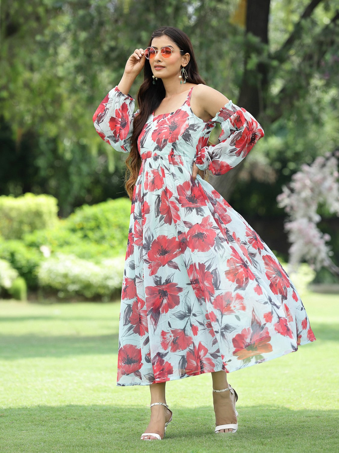 Mint Floral Printed Chiffon Maxi Dress With Adjustable Straps Cold  Shoulder