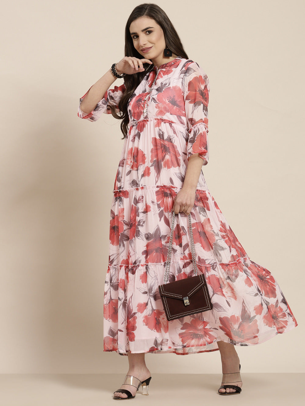 Juniper Women's Pink Chiffon Floral Printed Tiered Maxi Dress