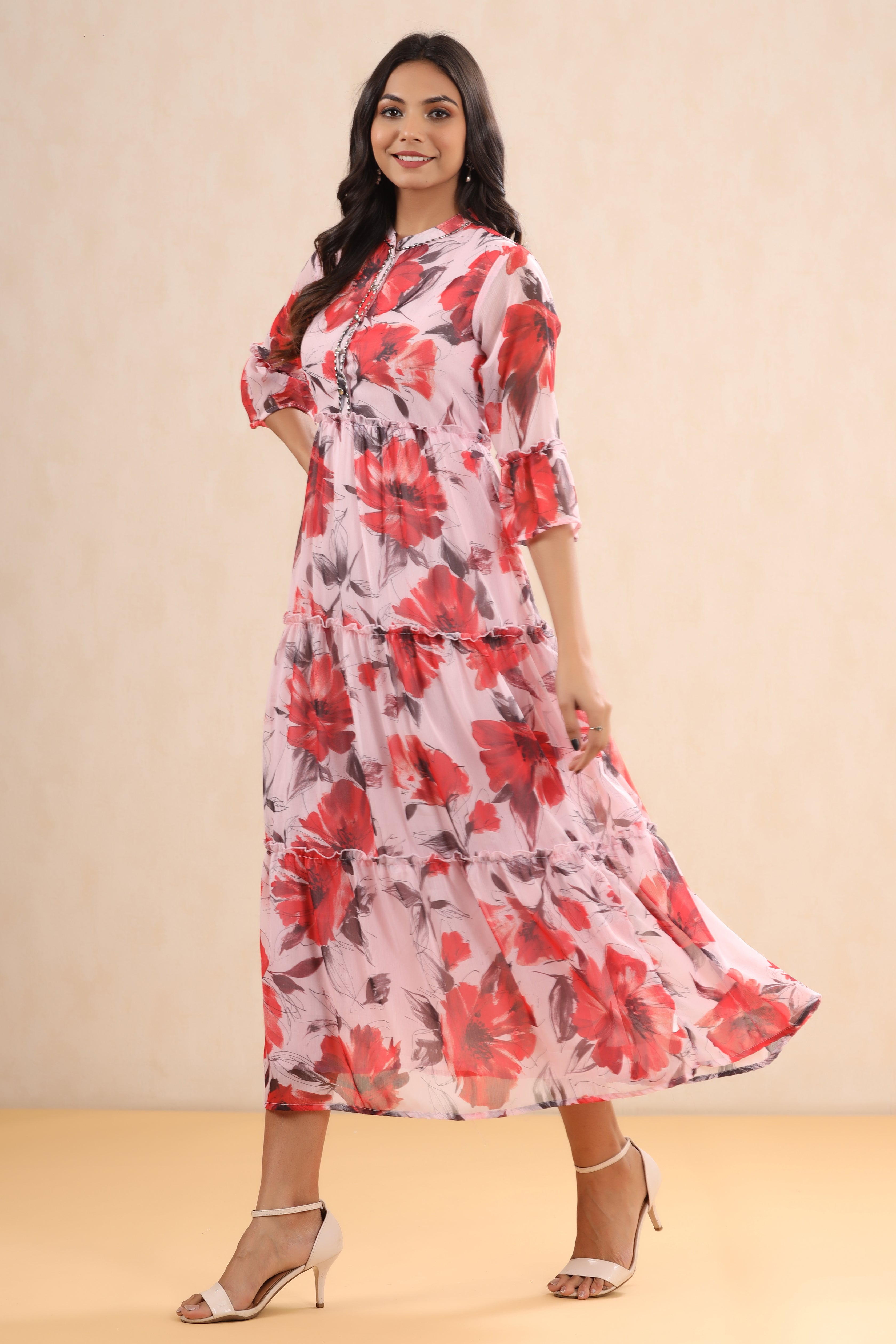 Juniper Pink Floral Printed Chiffon Maxi Dress With Buttons & Beads