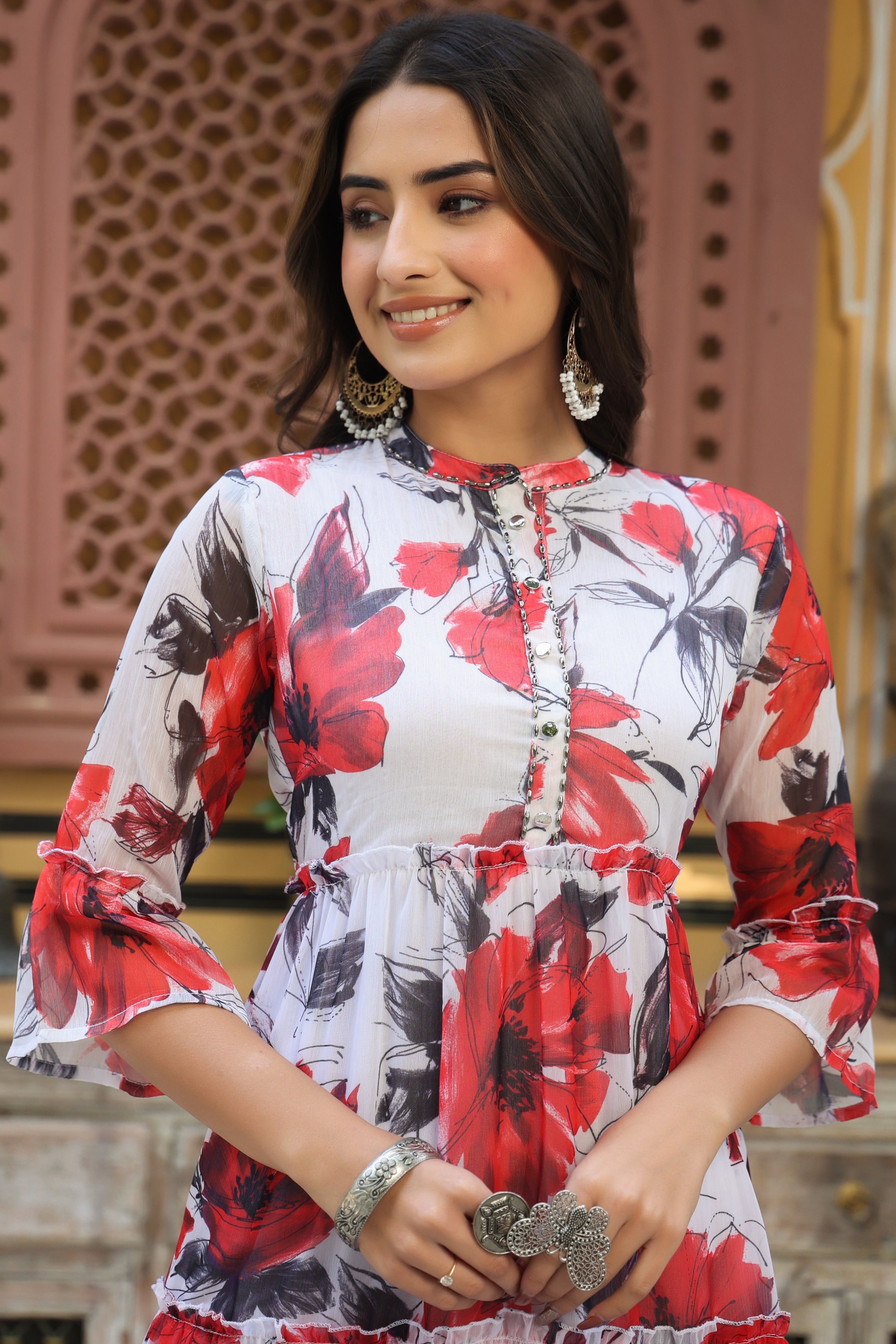 Juniper White Floral Printed Chiffon Dress With Buttons & Beads