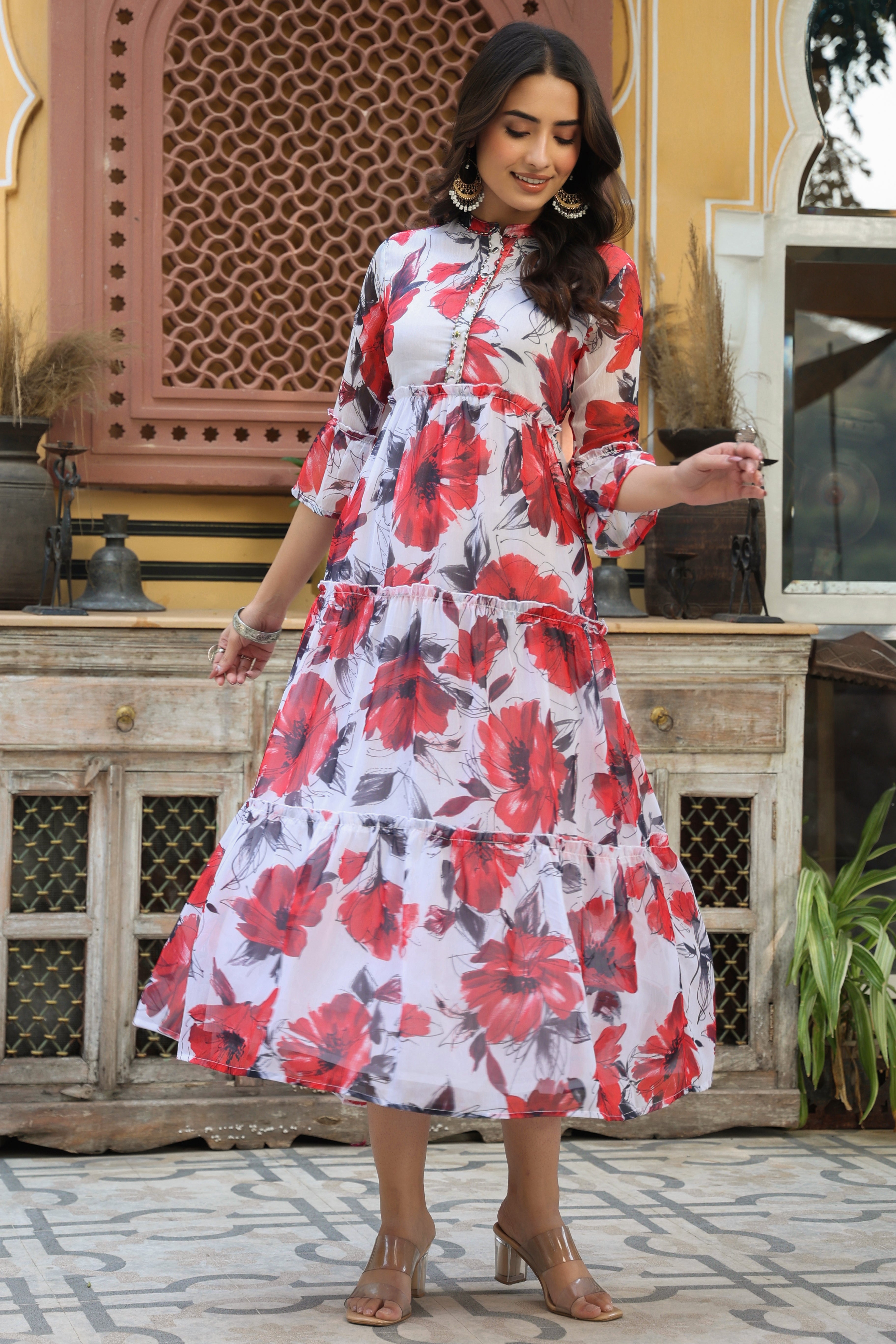 Juniper White Floral Printed Chiffon Dress With Buttons & Beads