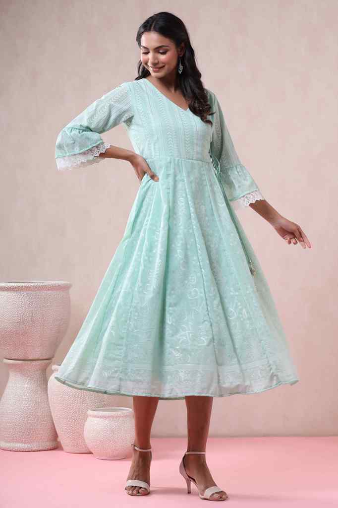 Juniper Mint Georgette Printed Angrakha Dress