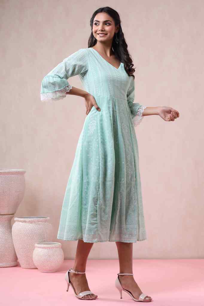 Juniper Mint Georgette Printed Angrakha Dress