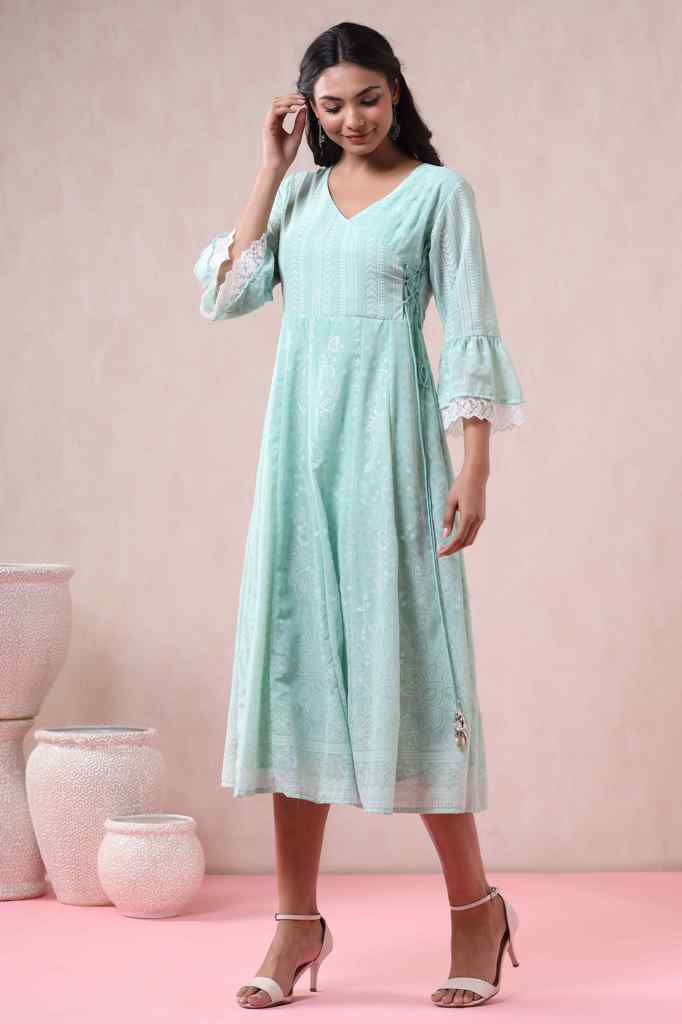 Juniper Mint Georgette Printed Angrakha Dress