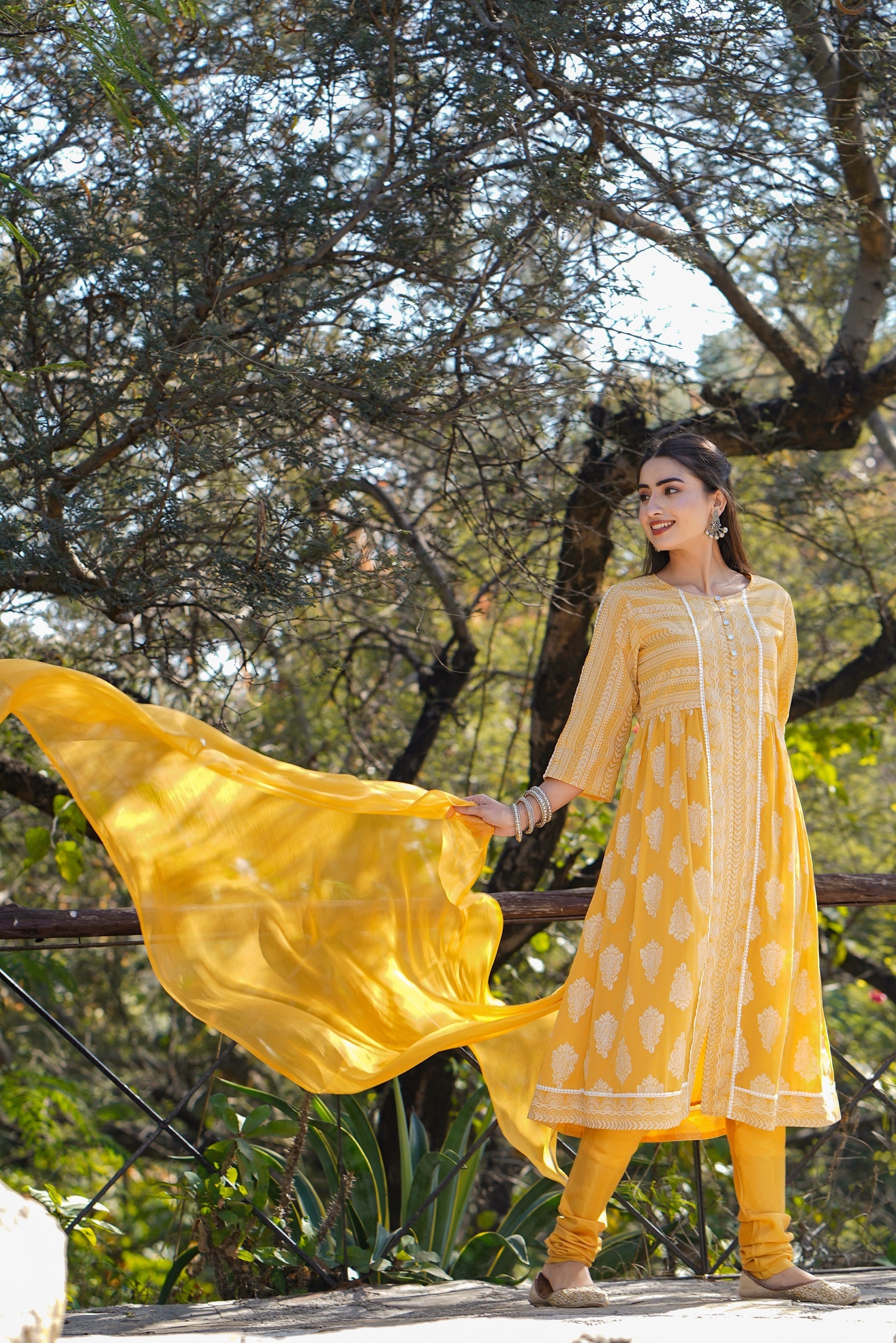 Juniper Yellow Ethnic Motif Printed Georgette Kurta Churidar & Chiffon Dupatta Set With Lace Work