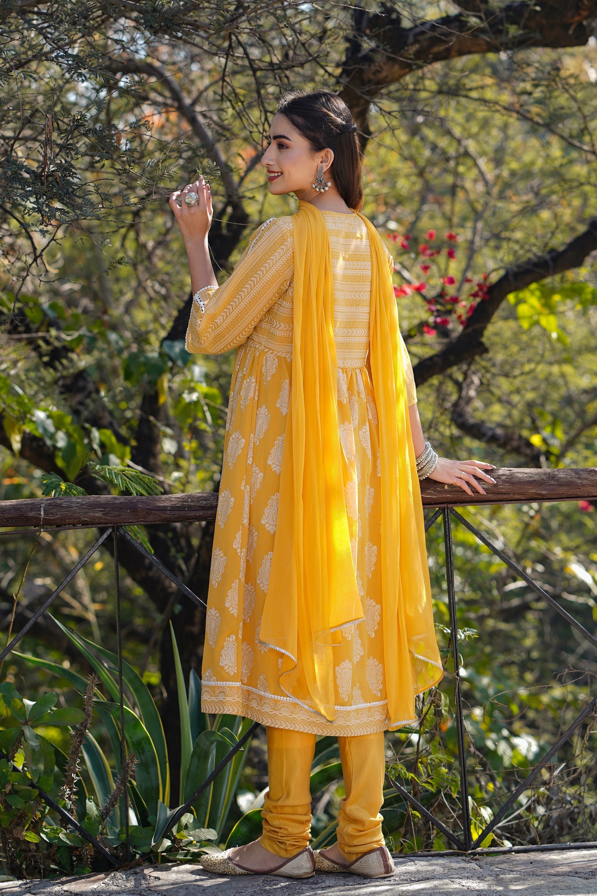Juniper Yellow Ethnic Motif Printed Georgette Kurta Churidar & Chiffon Dupatta Set With Lace Work