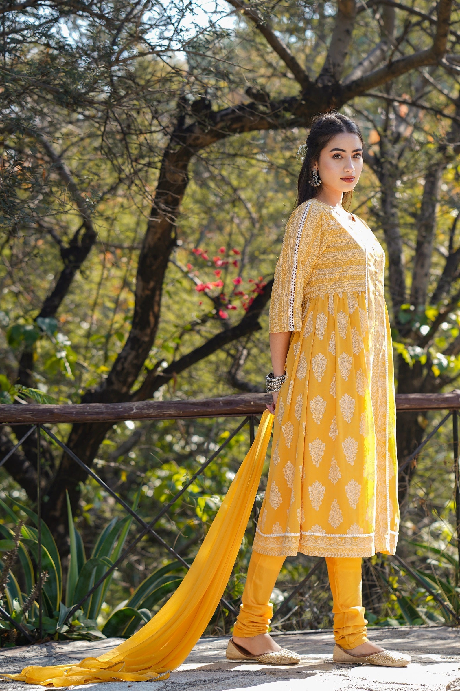 Juniper Yellow Ethnic Motif Printed Georgette Kurta Churidar & Chiffon Dupatta Set With Lace Work