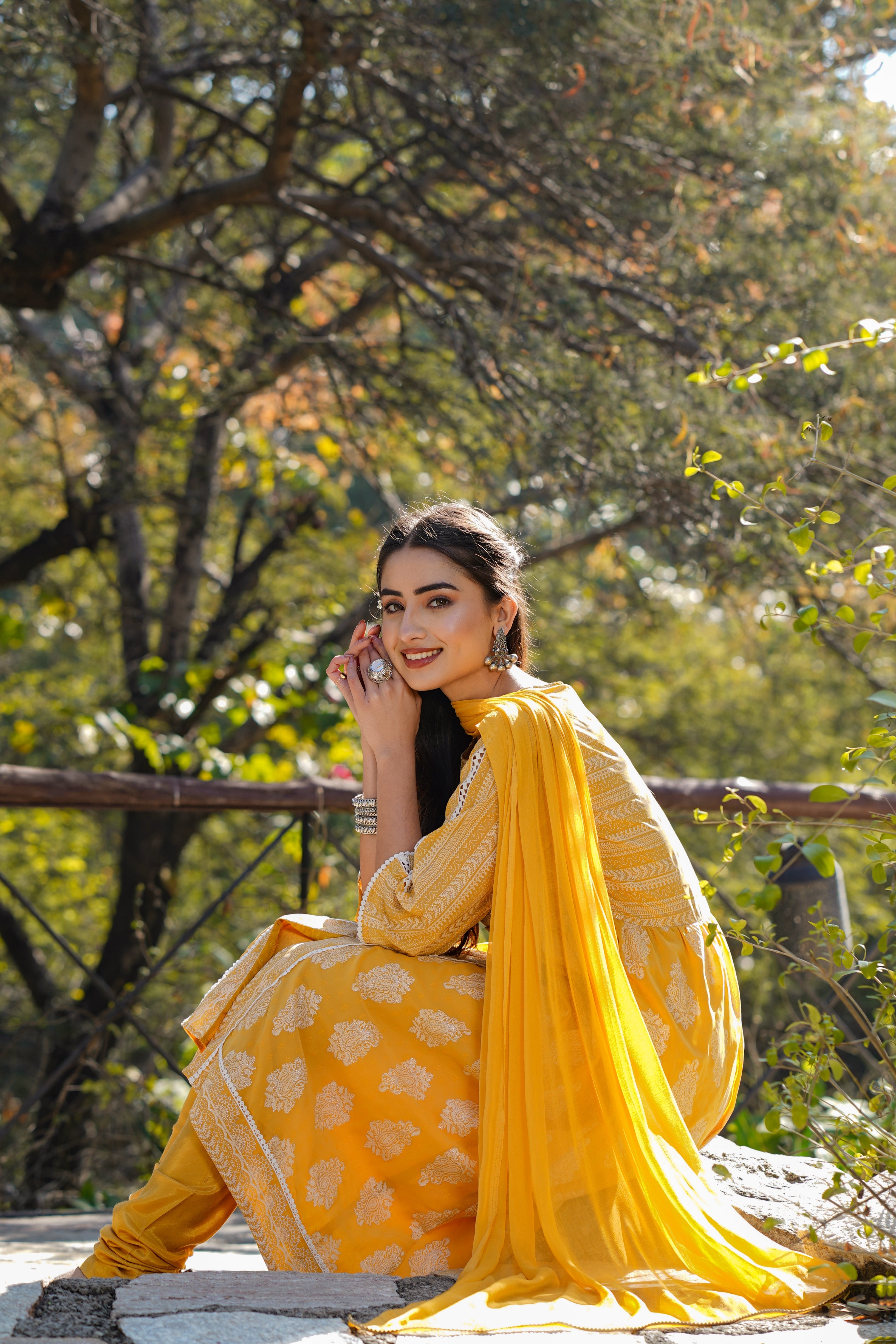 Juniper Yellow Ethnic Motif Printed Georgette Kurta Churidar & Chiffon Dupatta Set With Lace Work