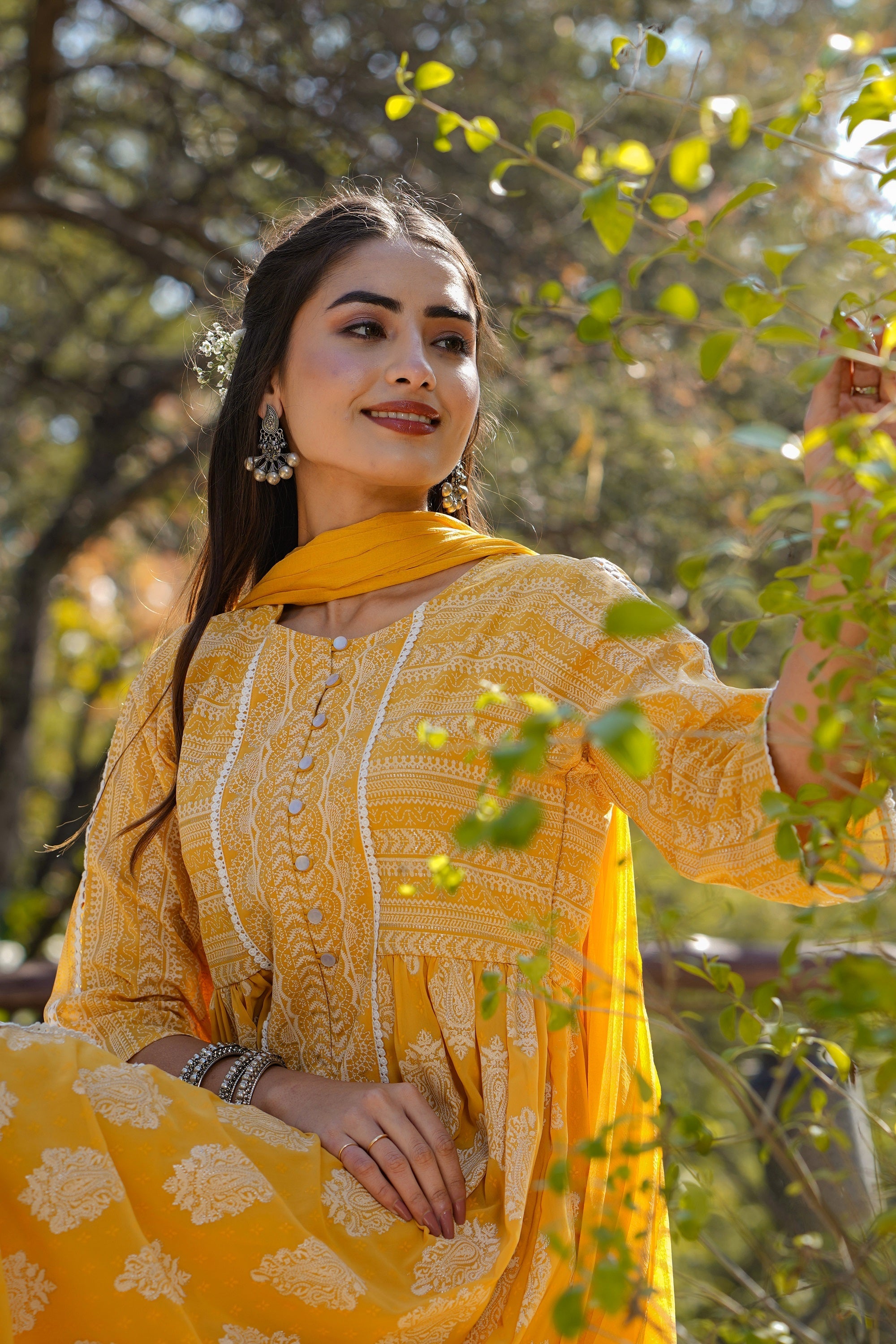 Juniper Yellow Ethnic Motif Printed Georgette Kurta Churidar & Chiffon Dupatta Set With Lace Work
