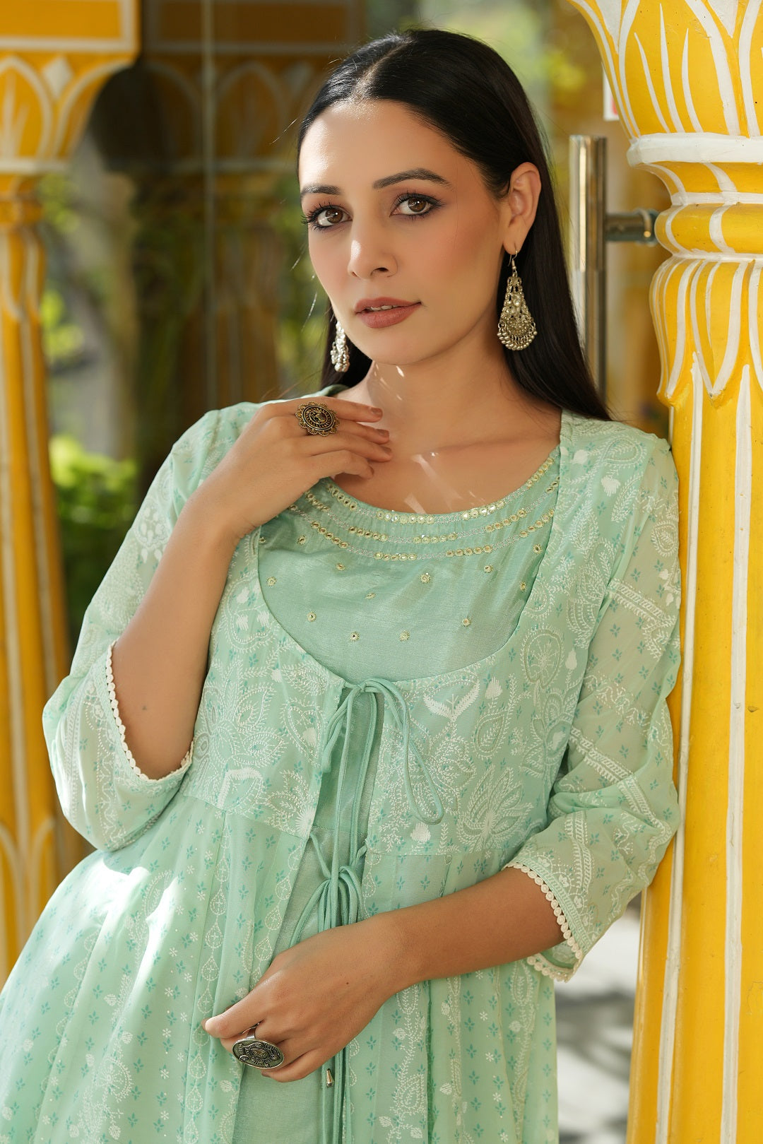 Juniper Mint Floral Printed Georgette Layered Maxi Dress With Mirror Work