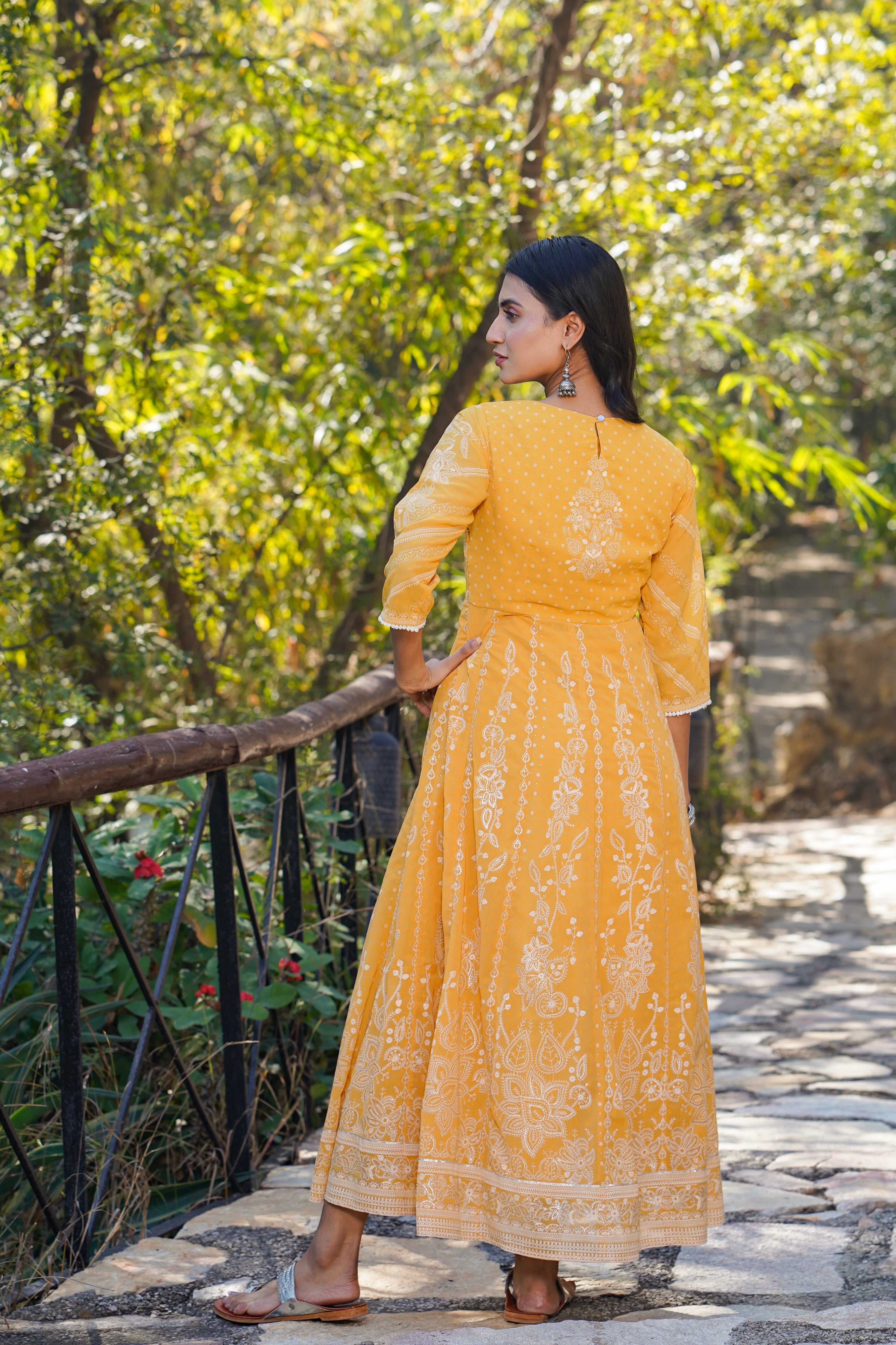 Juniper Yellow Floral Printed Georgette Maxi Dress With Beads Kantha Work & Sequins At Neckline