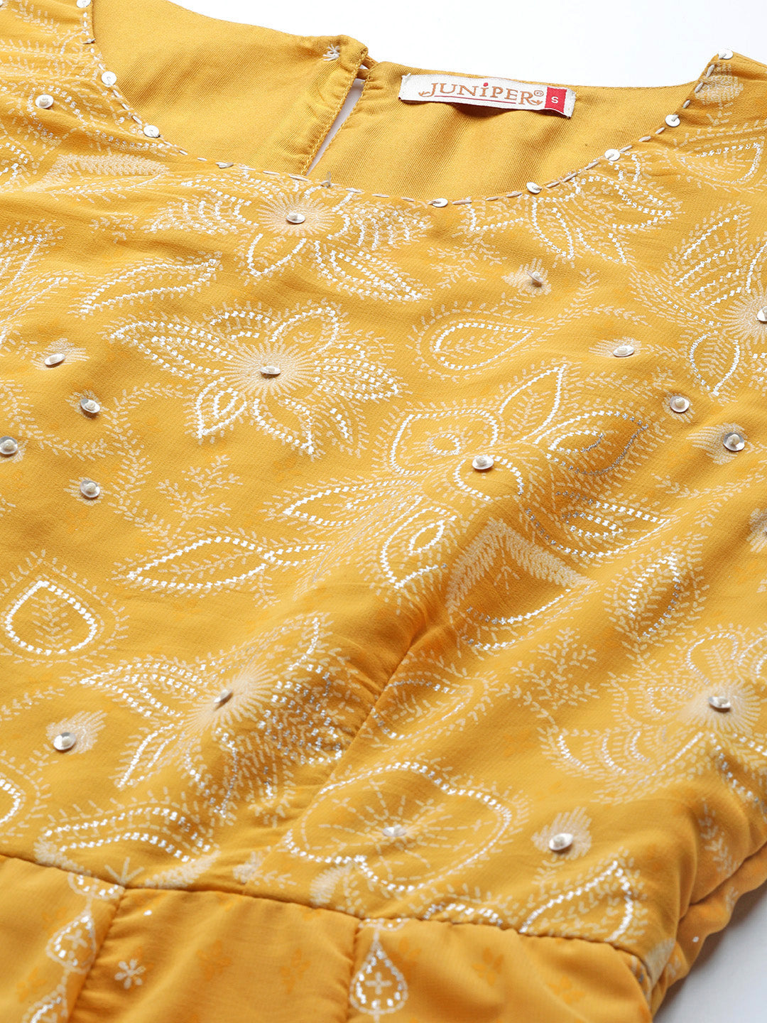 Juniper Yellow Floral Printed Georgette Maxi Dress With Beads Kantha Work & Sequins At Neckline