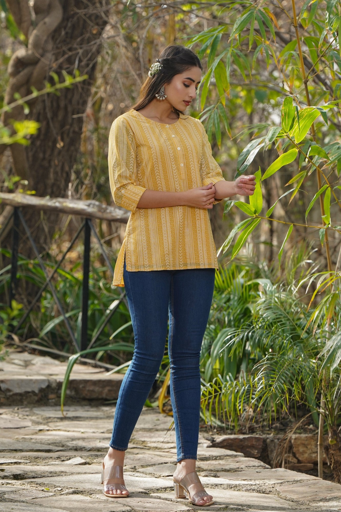 Juniper Yellow Ethnic Motif Printed Georgette High-Low Tunic.