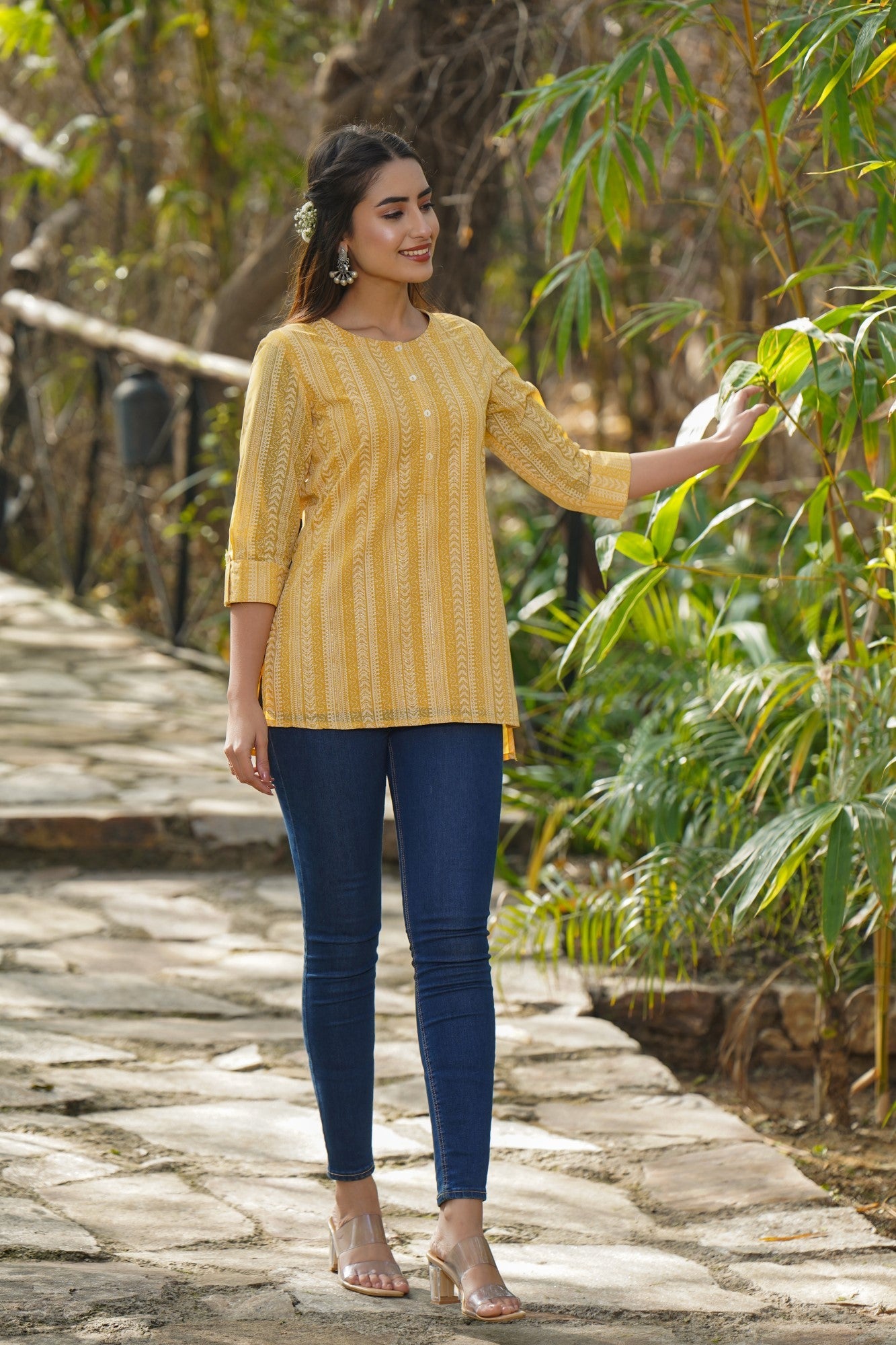Juniper Yellow Ethnic Motif Printed Georgette High-Low Tunic.