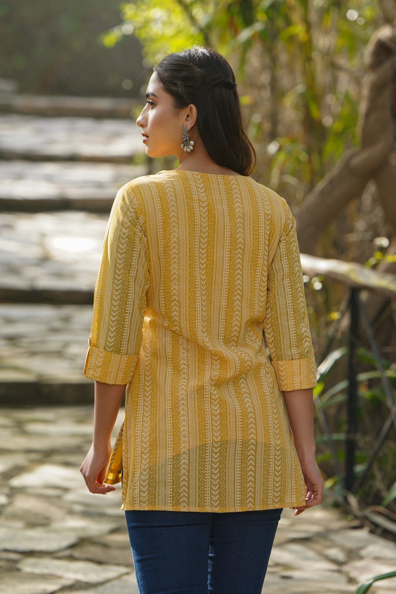 Juniper Yellow Ethnic Motif Printed Georgette High-Low Tunic.
