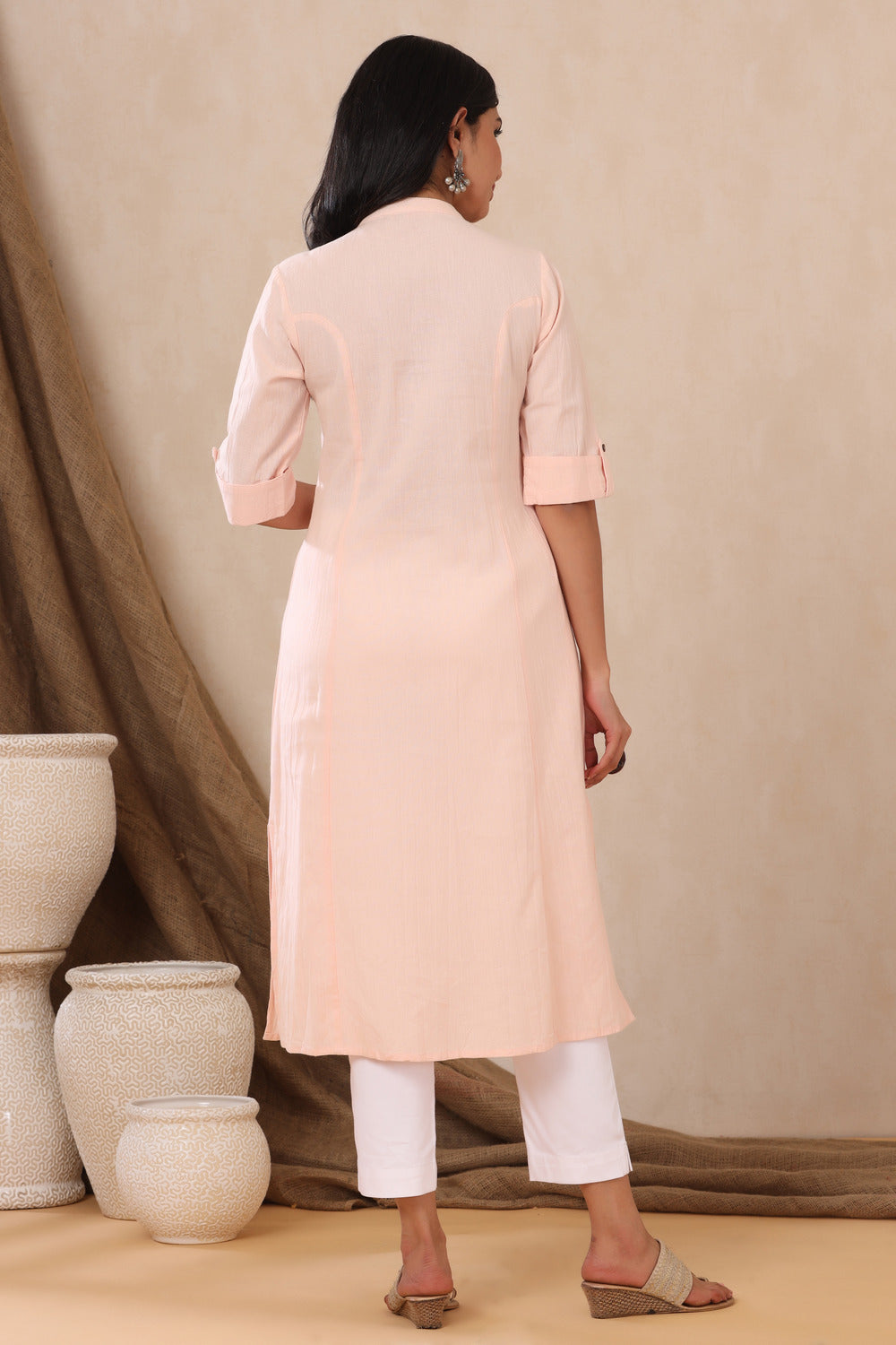 Juniper Women's Peach Cotton Flex Solid A-Line Kurta