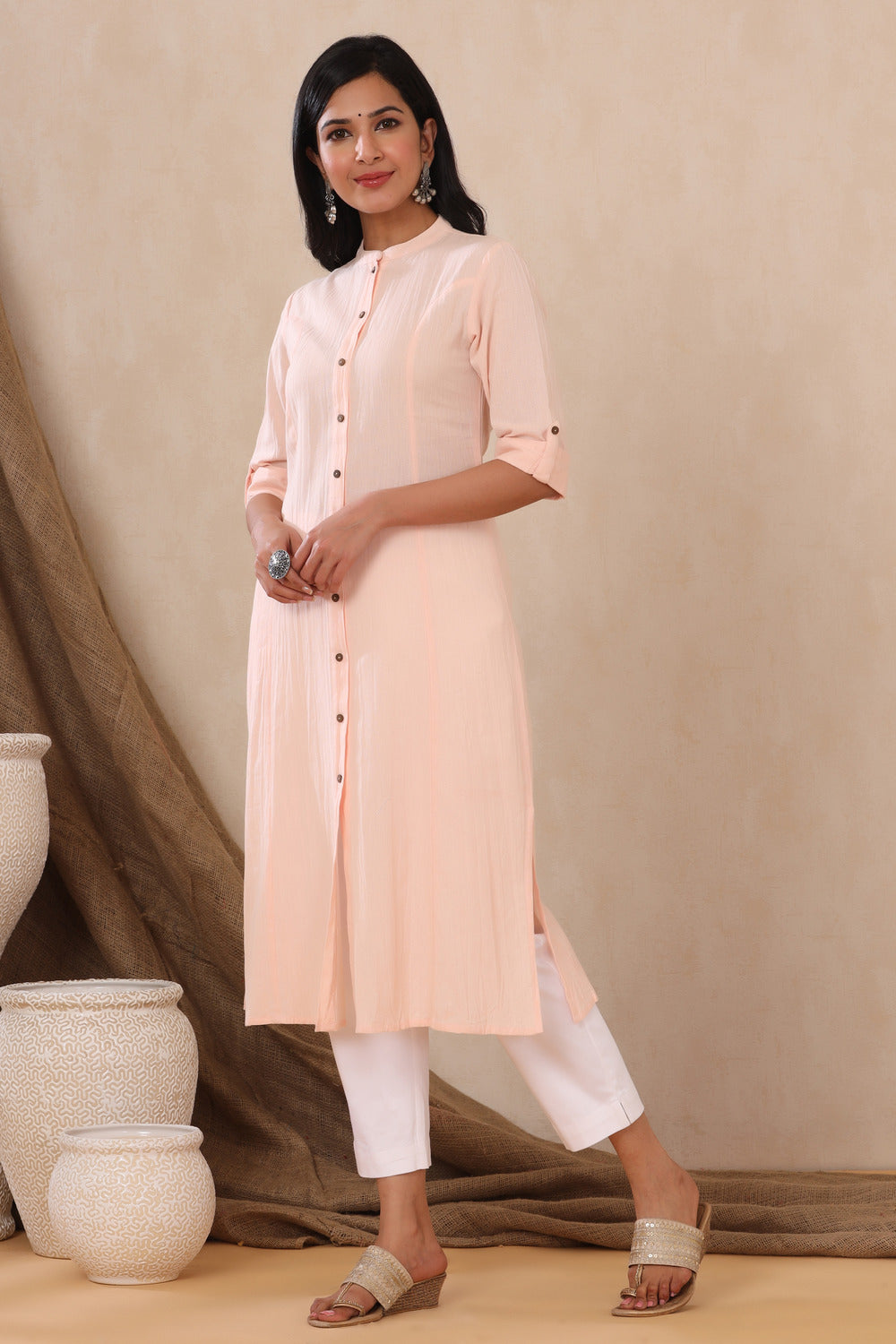 Juniper Women's Peach Cotton Flex Solid A-Line Kurta