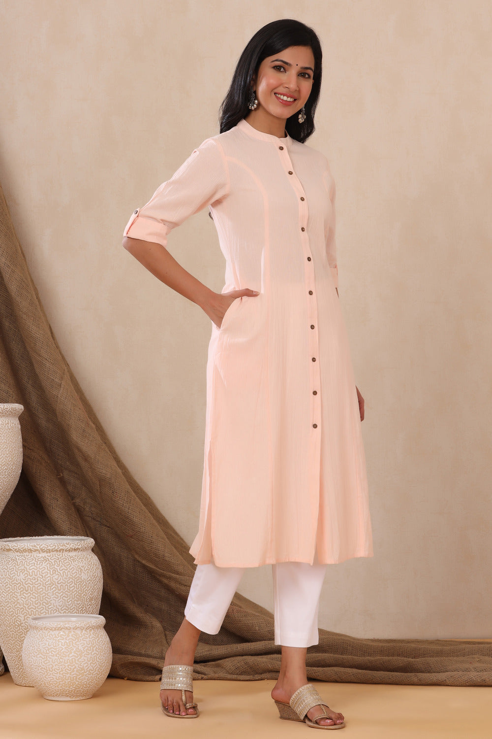 Juniper Women's Peach Cotton Flex Solid A-Line Kurta