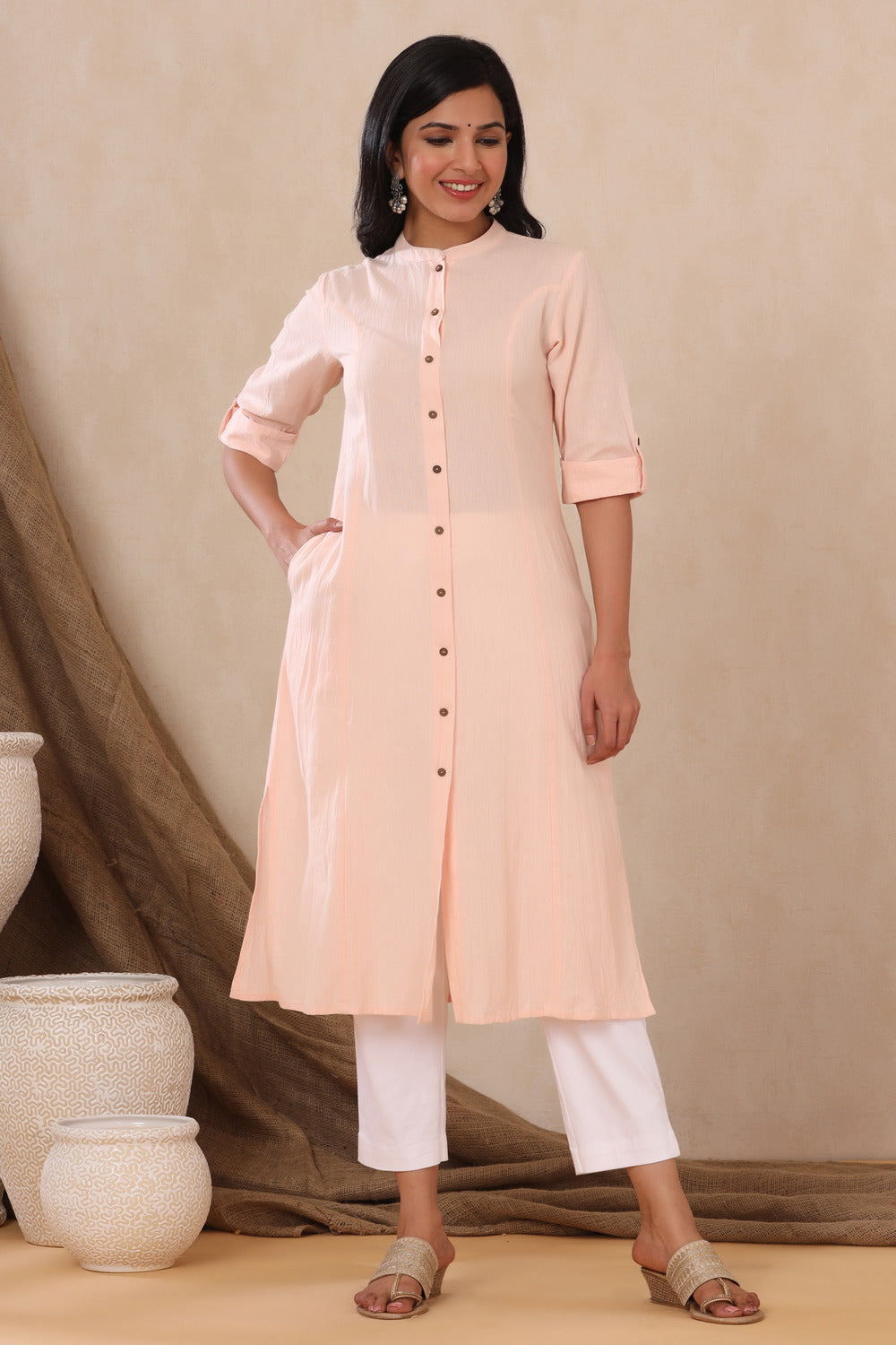 Juniper Women's Peach Cotton Flex Solid A-Line Kurta