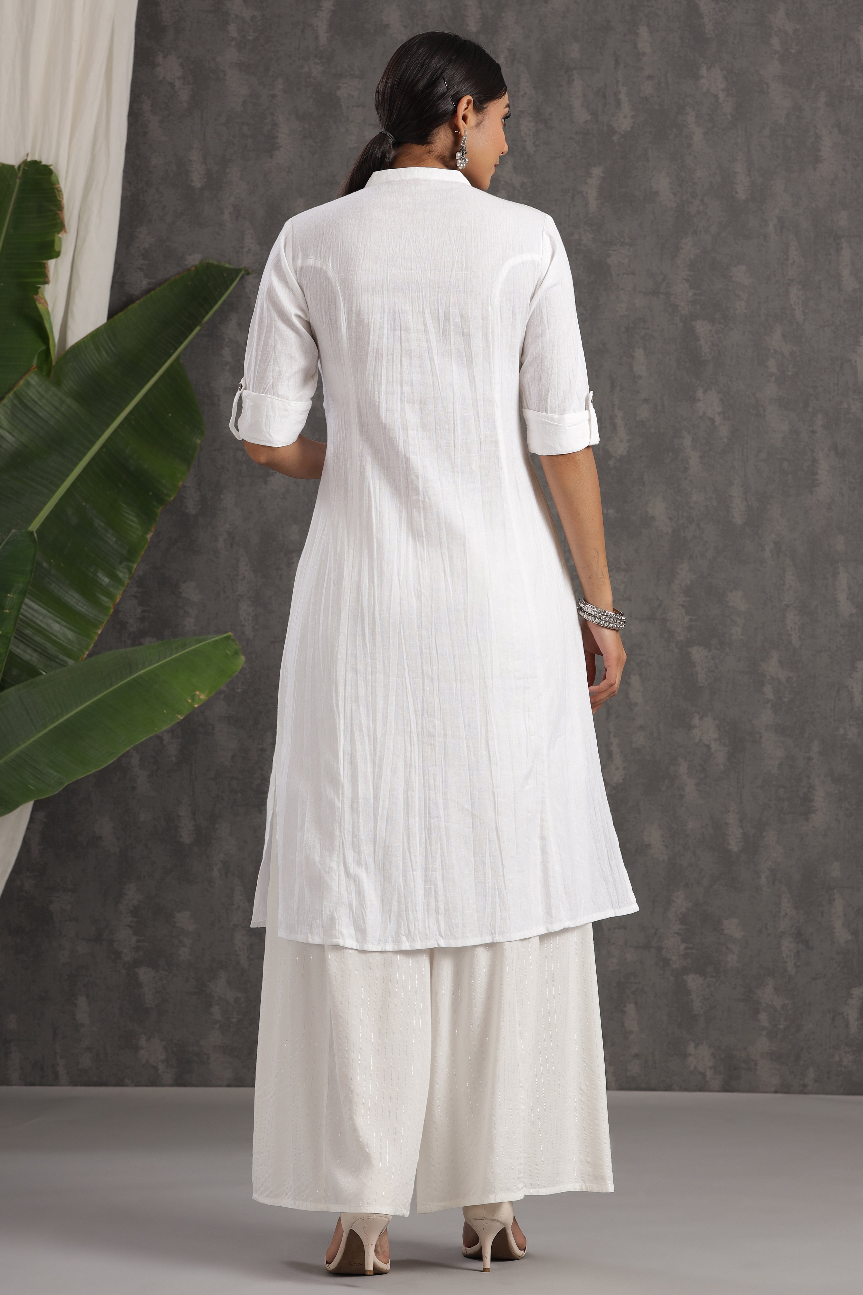 Juniper White Solid Cotton A-line Kurta with Buttons