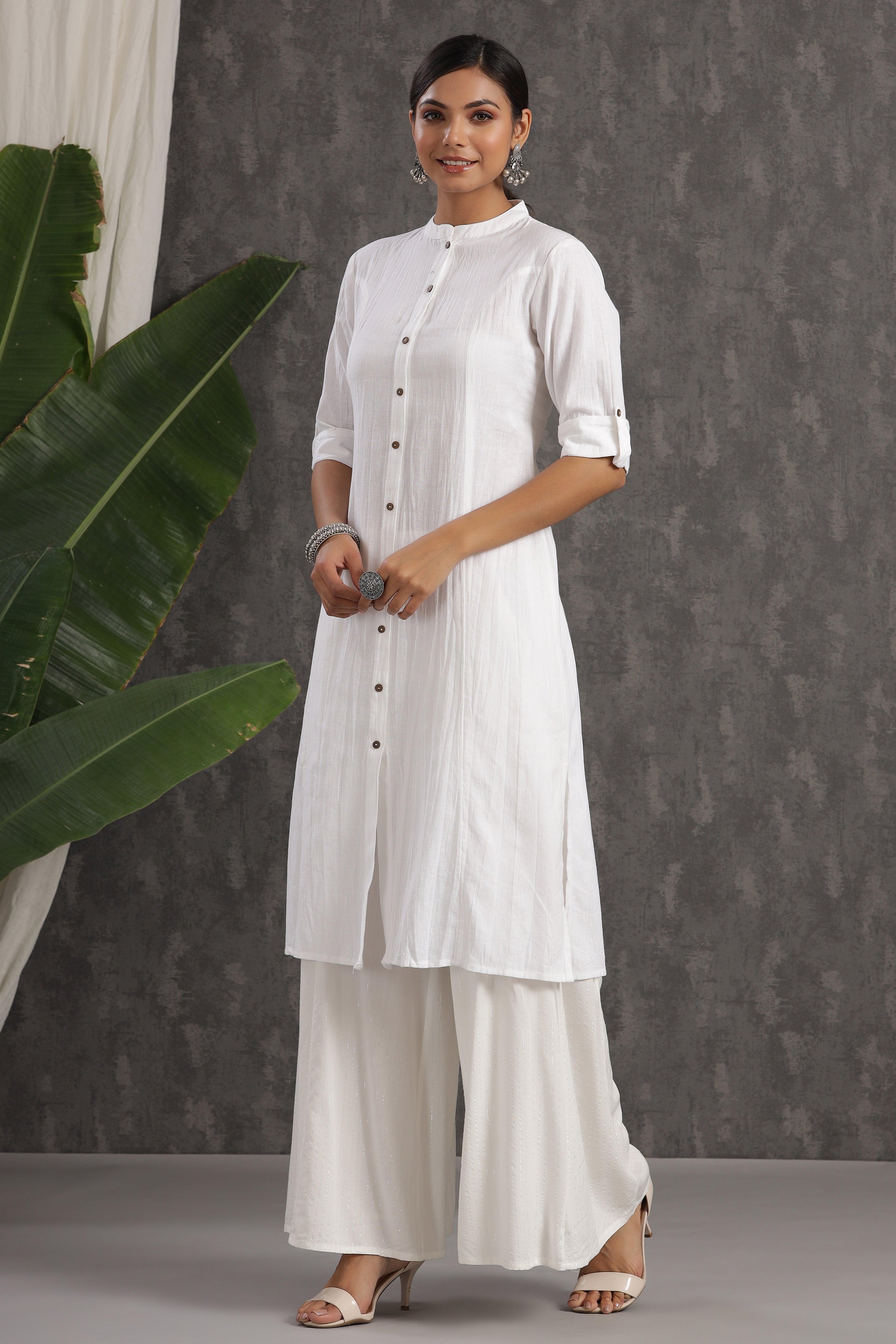 Juniper White Solid Cotton A-line Kurta with Buttons