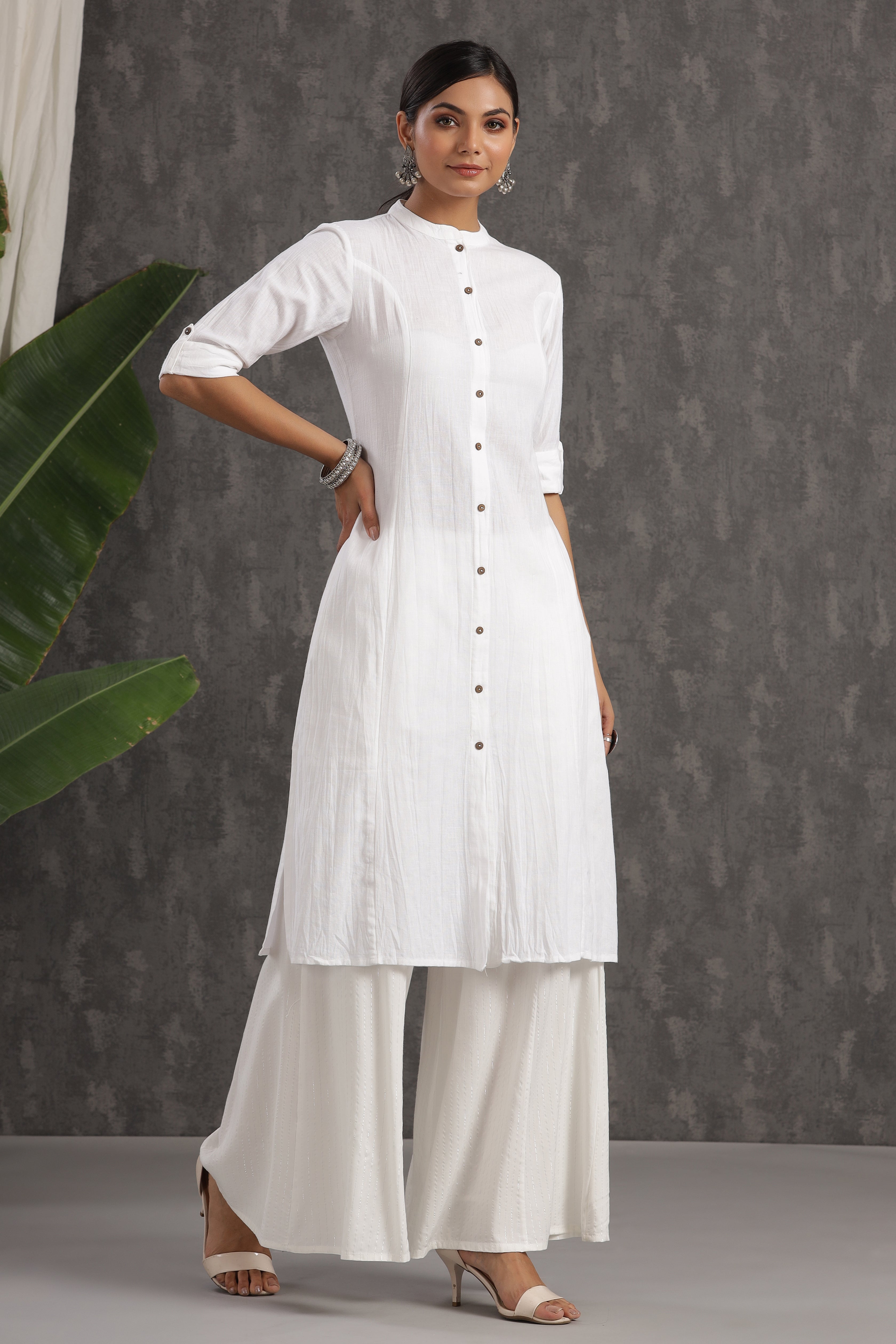 Juniper White Solid Cotton A-line Kurta with Buttons