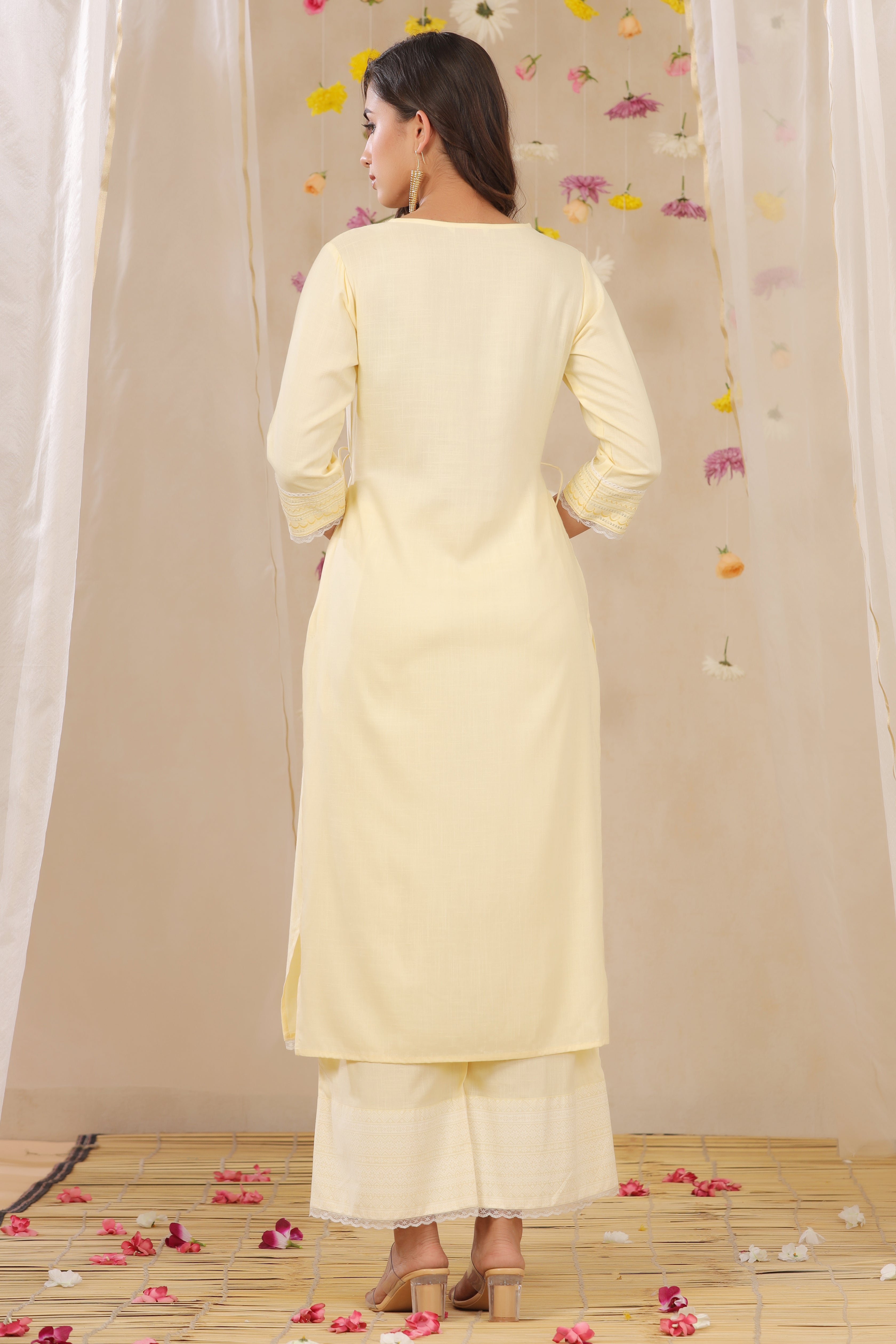 Juniper Yellow LIVA Rayon Slub Embroidered A-Line Kurta Palazzo Set