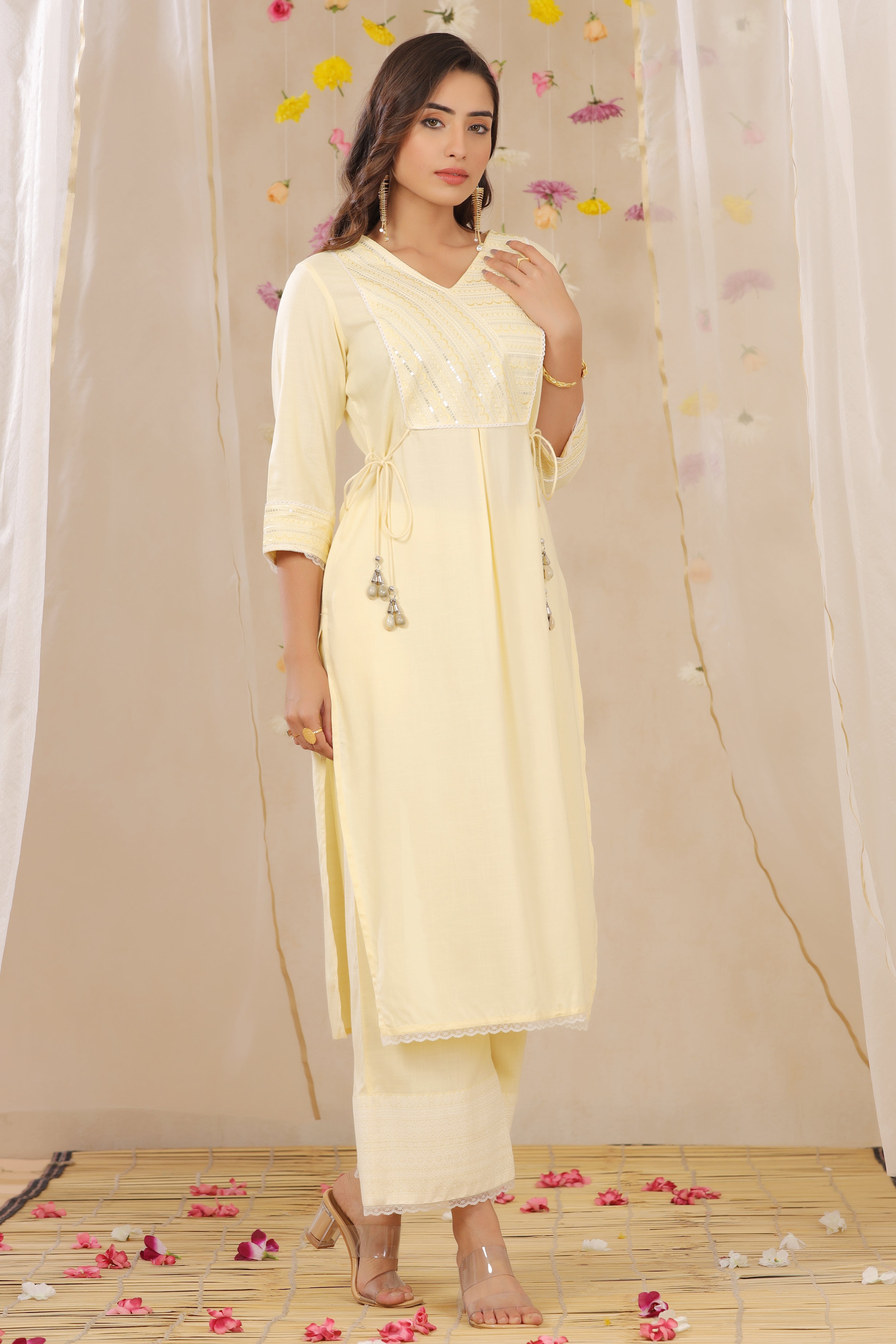 Juniper Yellow LIVA Rayon Slub Embroidered A-Line Kurta Palazzo Set