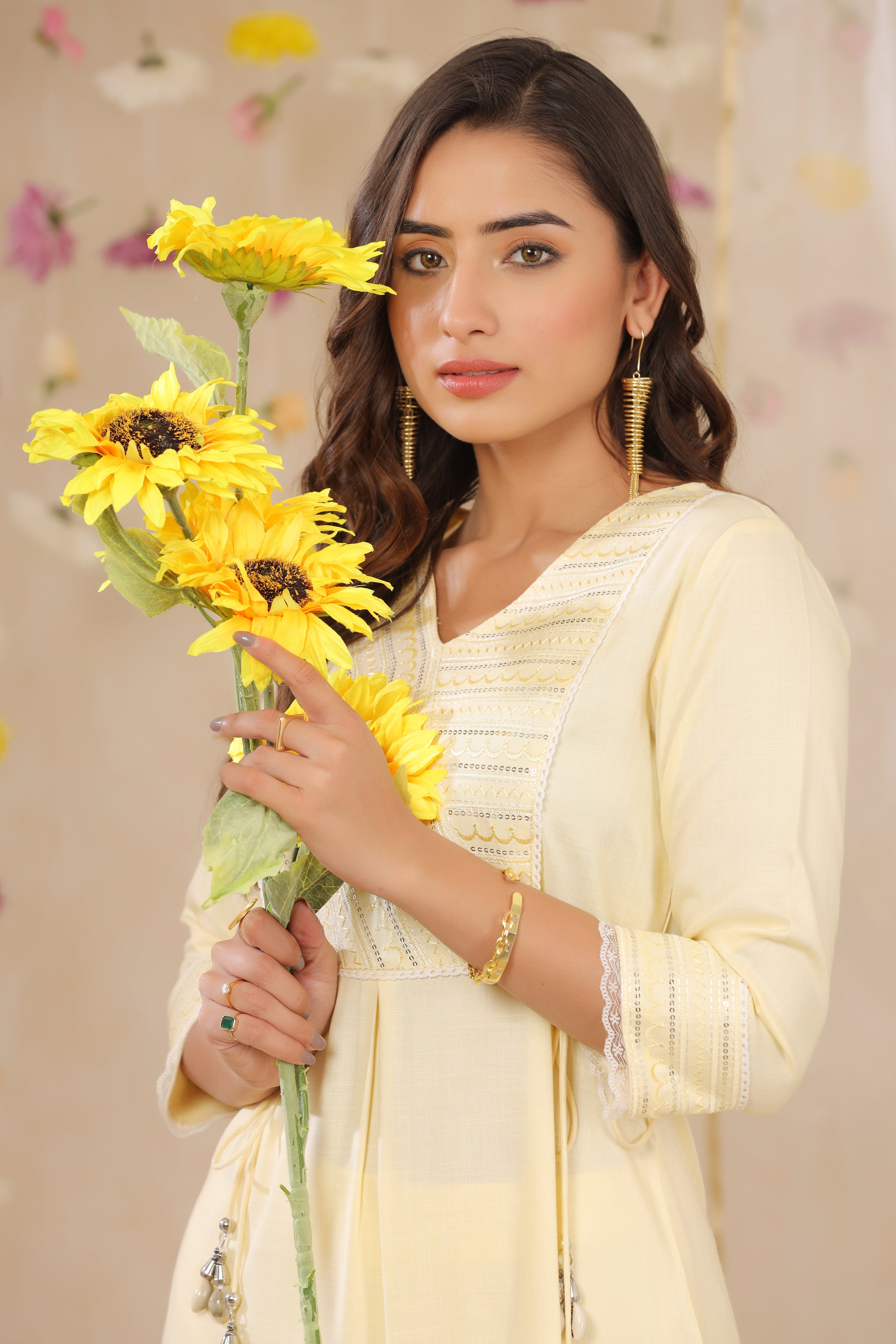 Juniper Yellow LIVA Rayon Slub Embroidered A-Line Kurta Palazzo Set