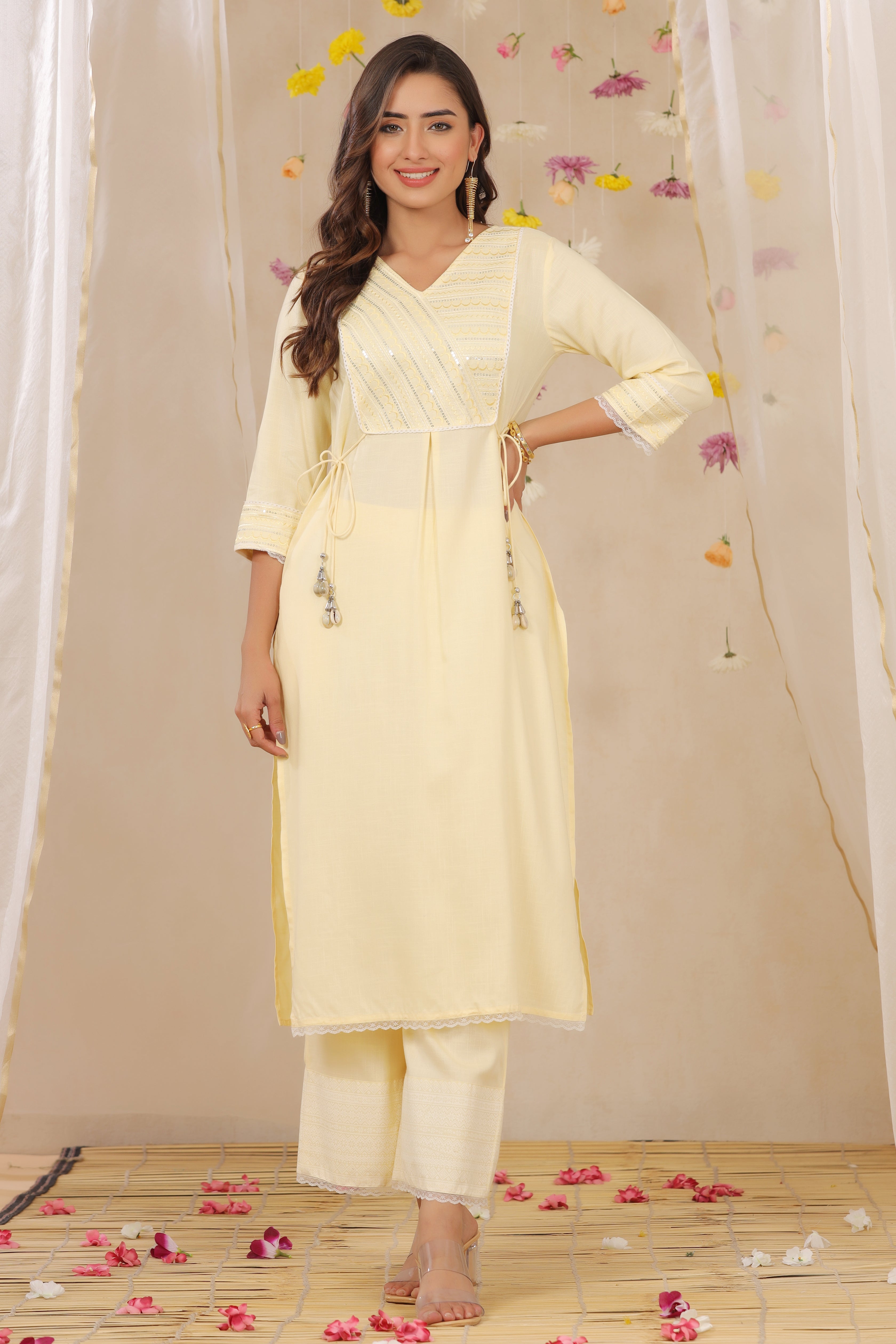 Juniper Yellow LIVA Rayon Slub Embroidered A-Line Kurta Palazzo Set