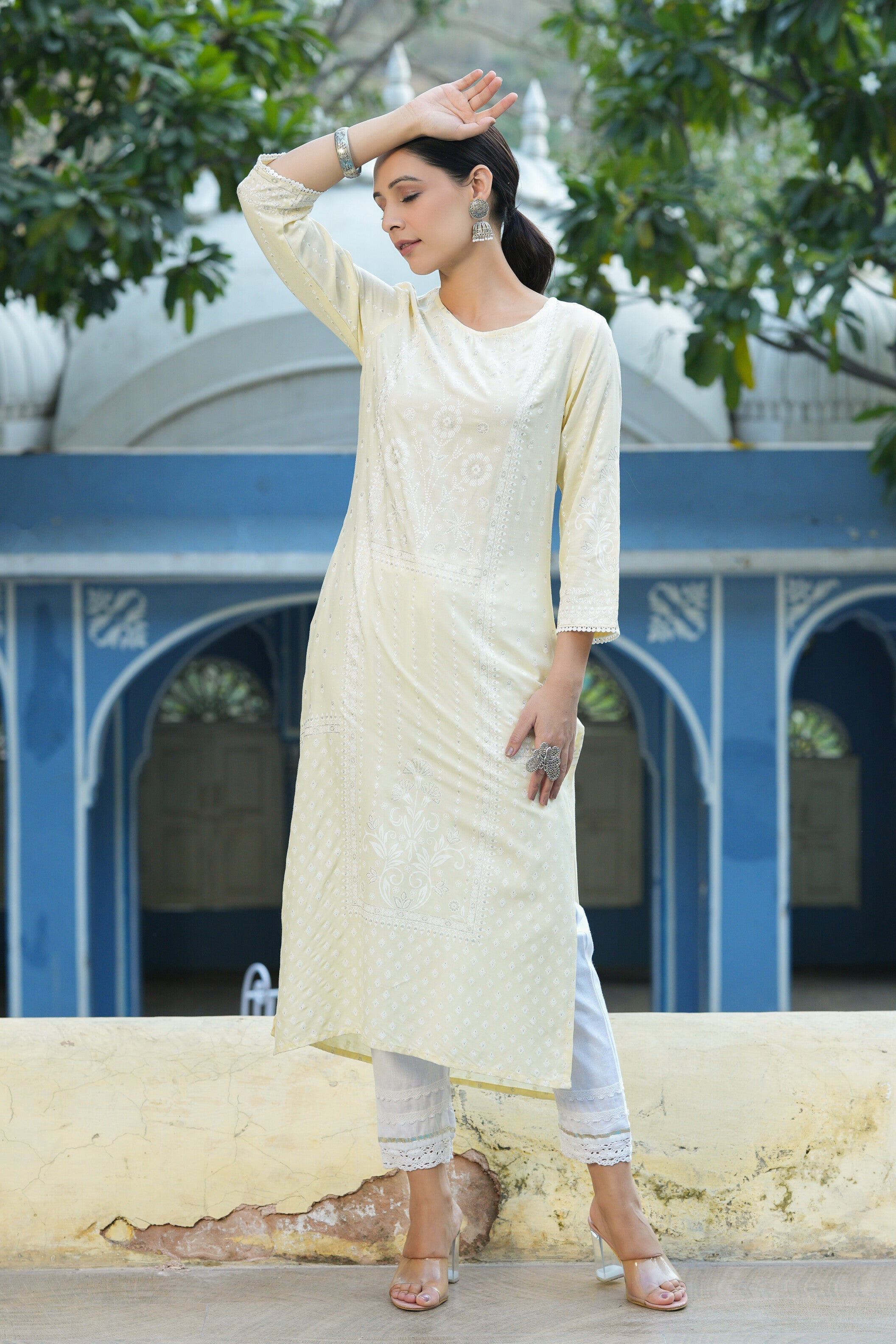 Juniper Light Yellow Ethnic Motif Printed Rayon Kurta With Lace Work