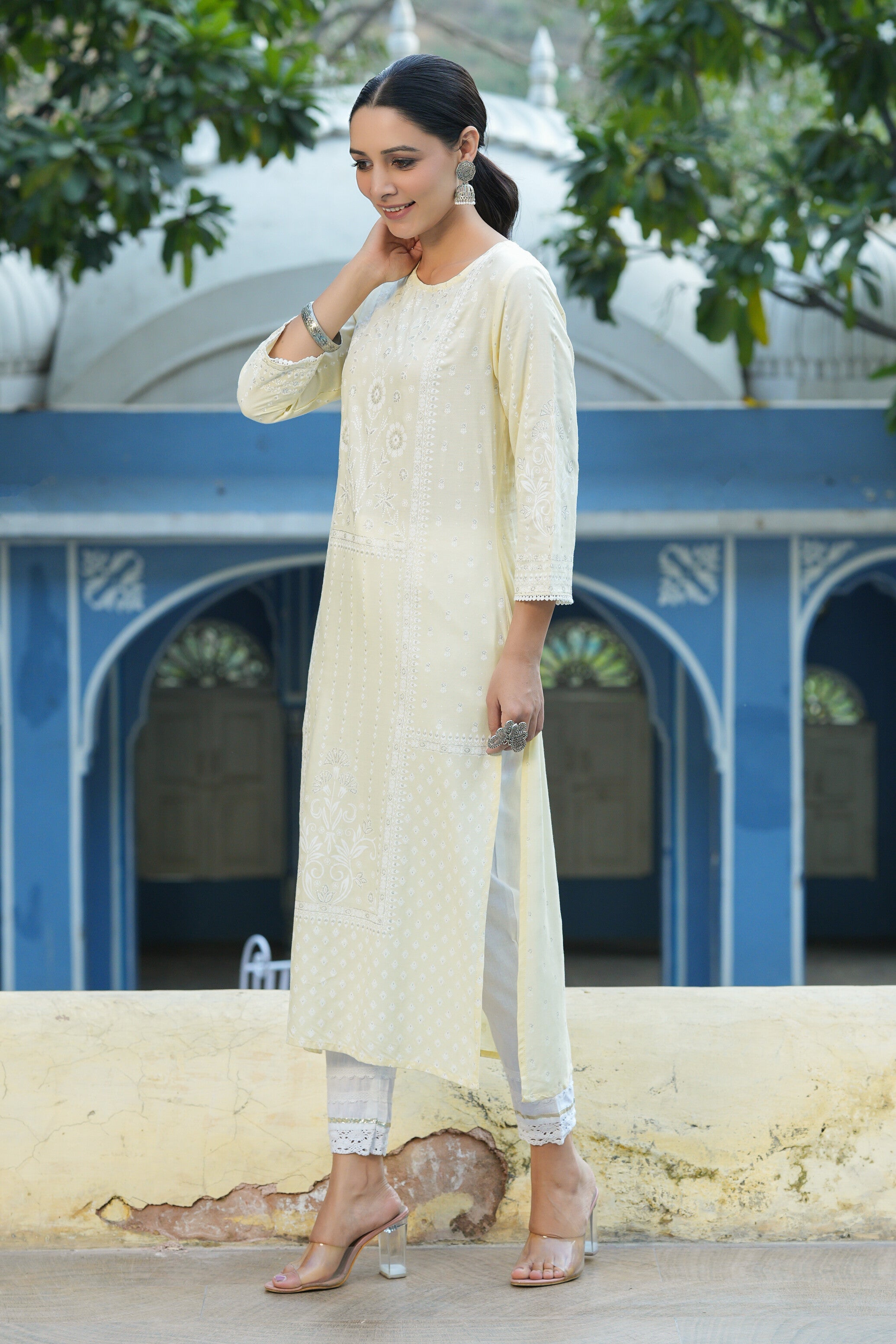 Juniper Light Yellow Ethnic Motif Printed Rayon Kurta With Lace Work