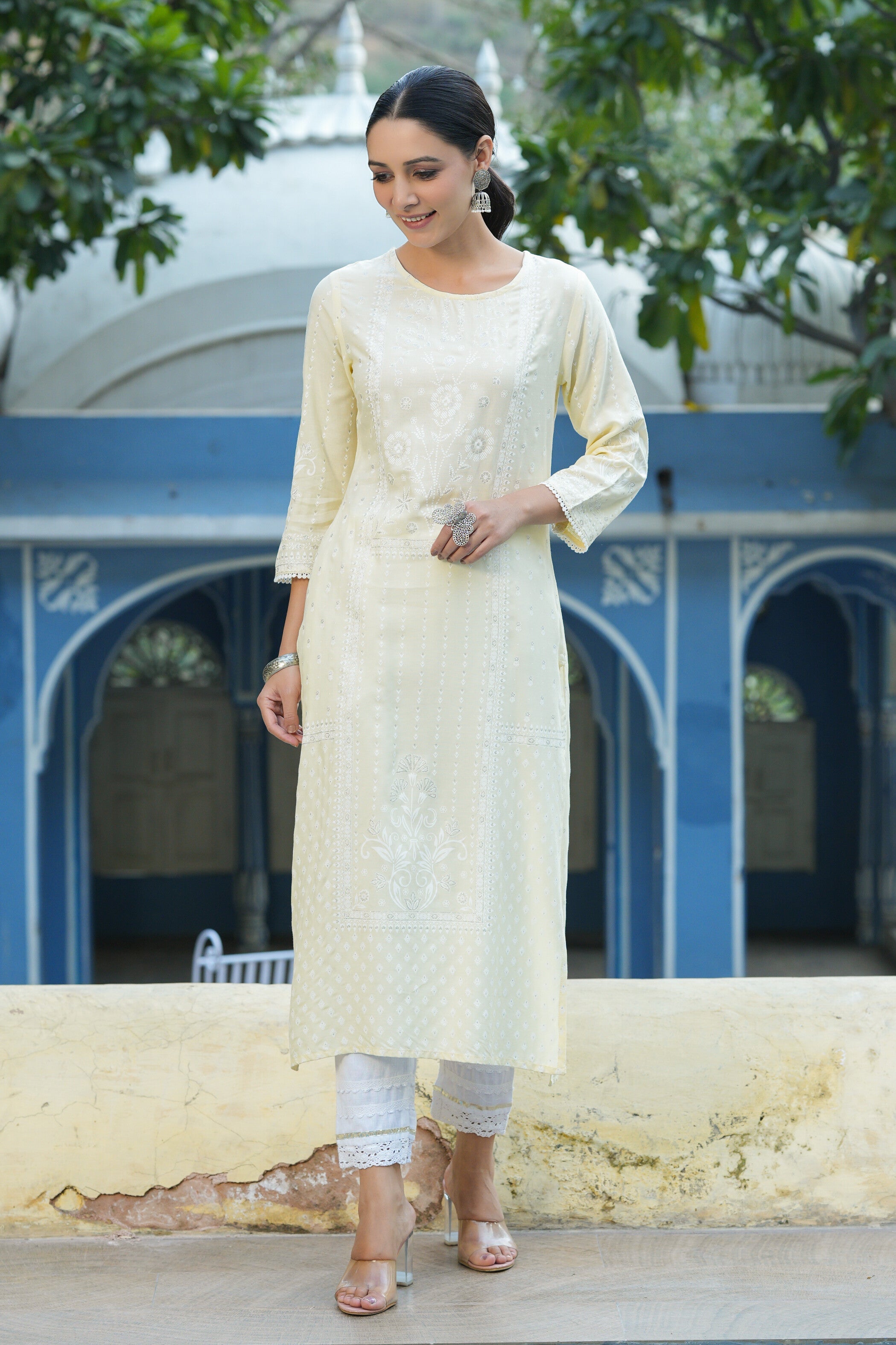 Juniper Light Yellow Ethnic Motif Printed Rayon Kurta With Lace Work