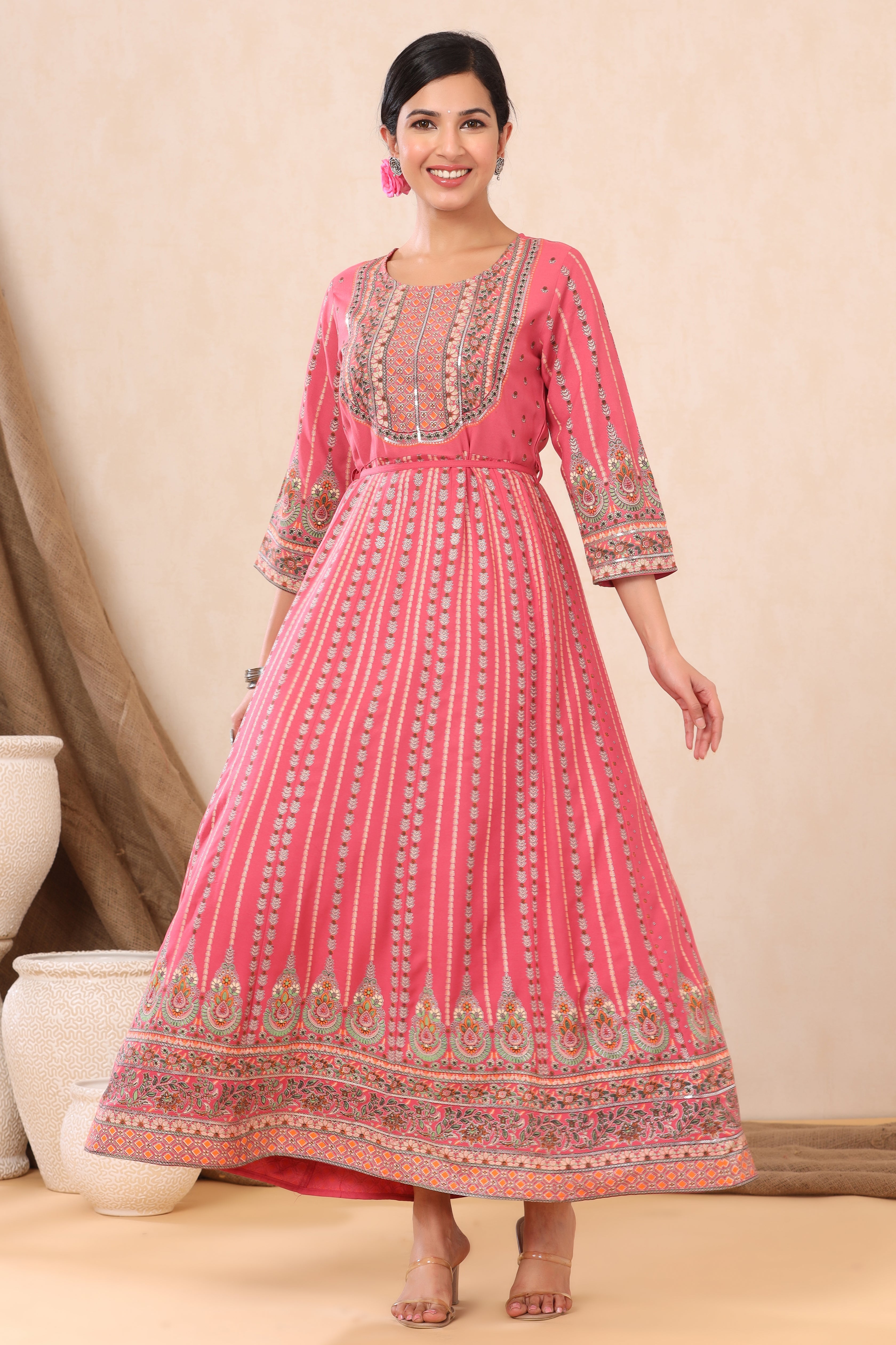 Juniper Pink Ethnic Motif Printed Rayon Maxi Dress with Sequins Work