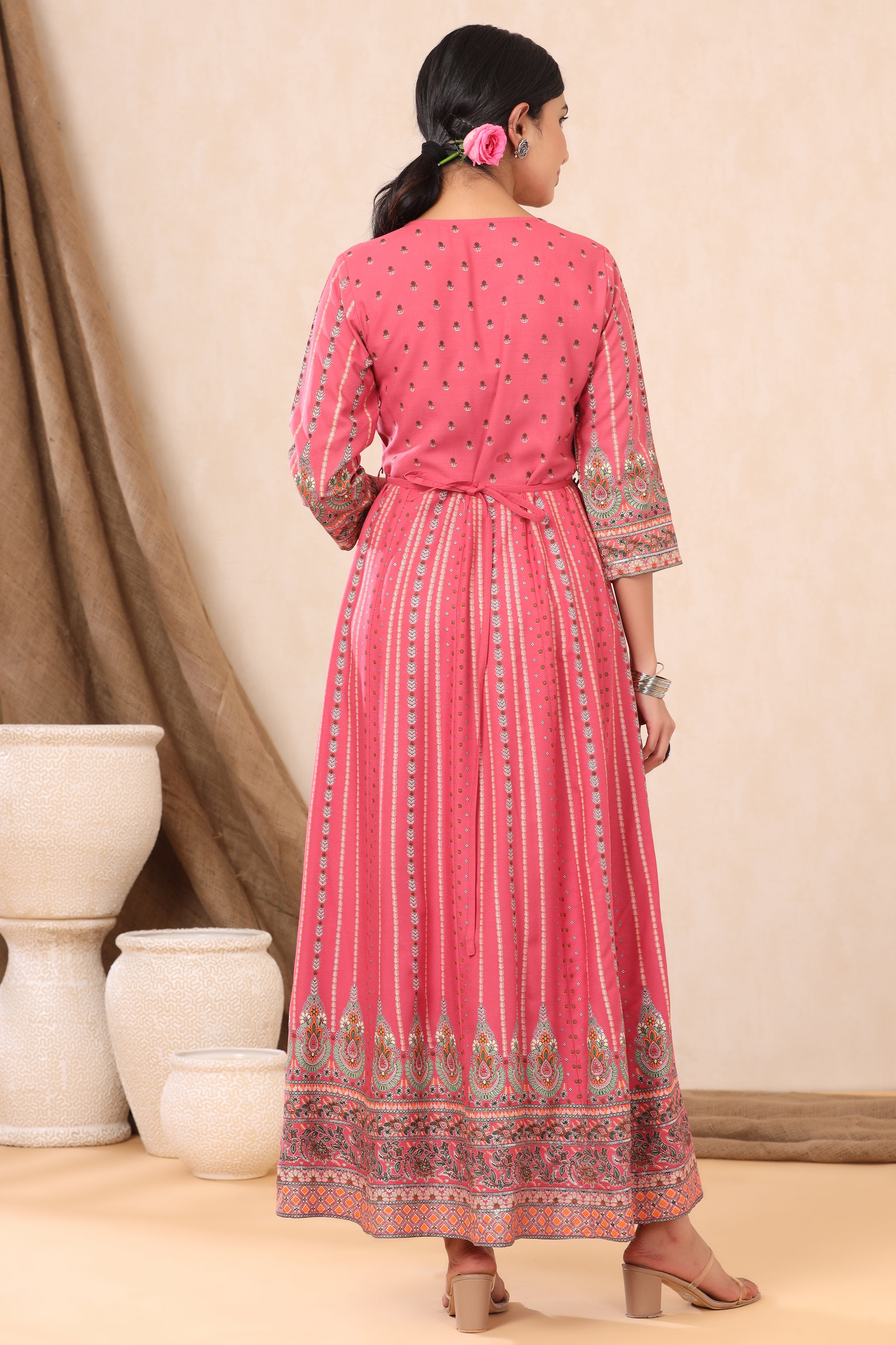 Juniper Pink Ethnic Motif Printed Rayon Maxi Dress with Sequins Work