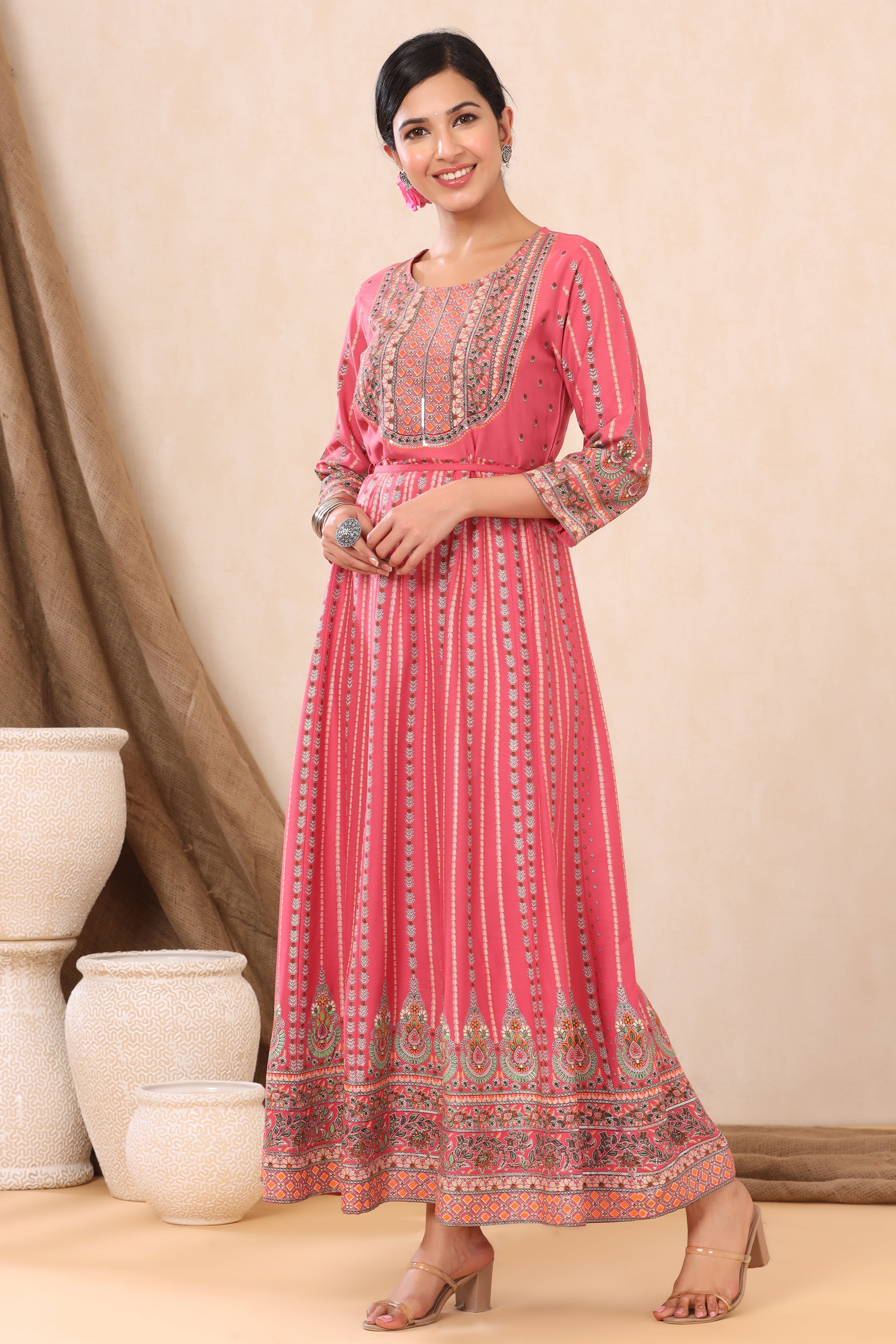 Juniper Pink Ethnic Motif Printed Rayon Maxi Dress with Sequins Work