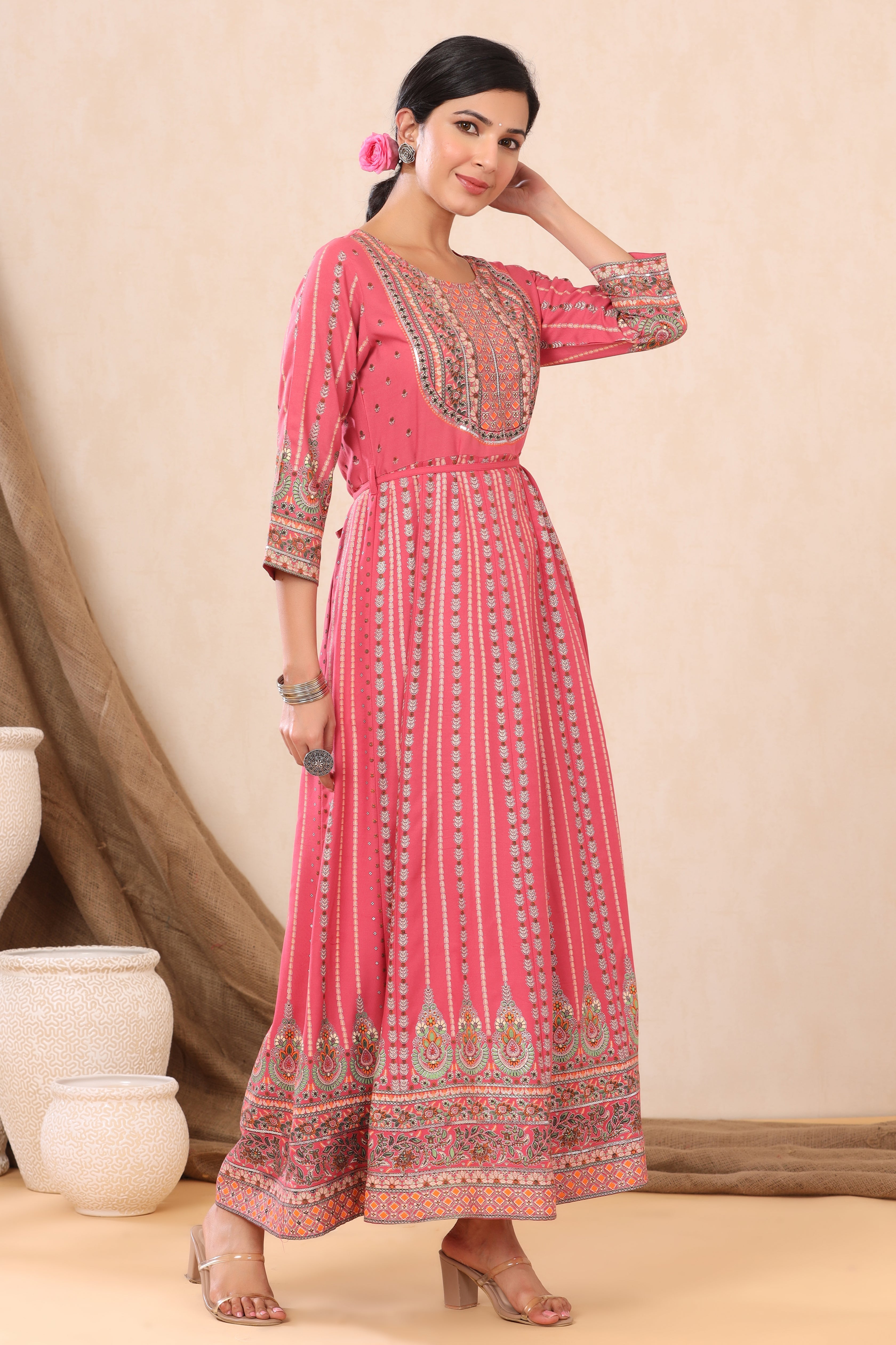 Juniper Pink Ethnic Motif Printed Rayon Maxi Dress with Sequins Work
