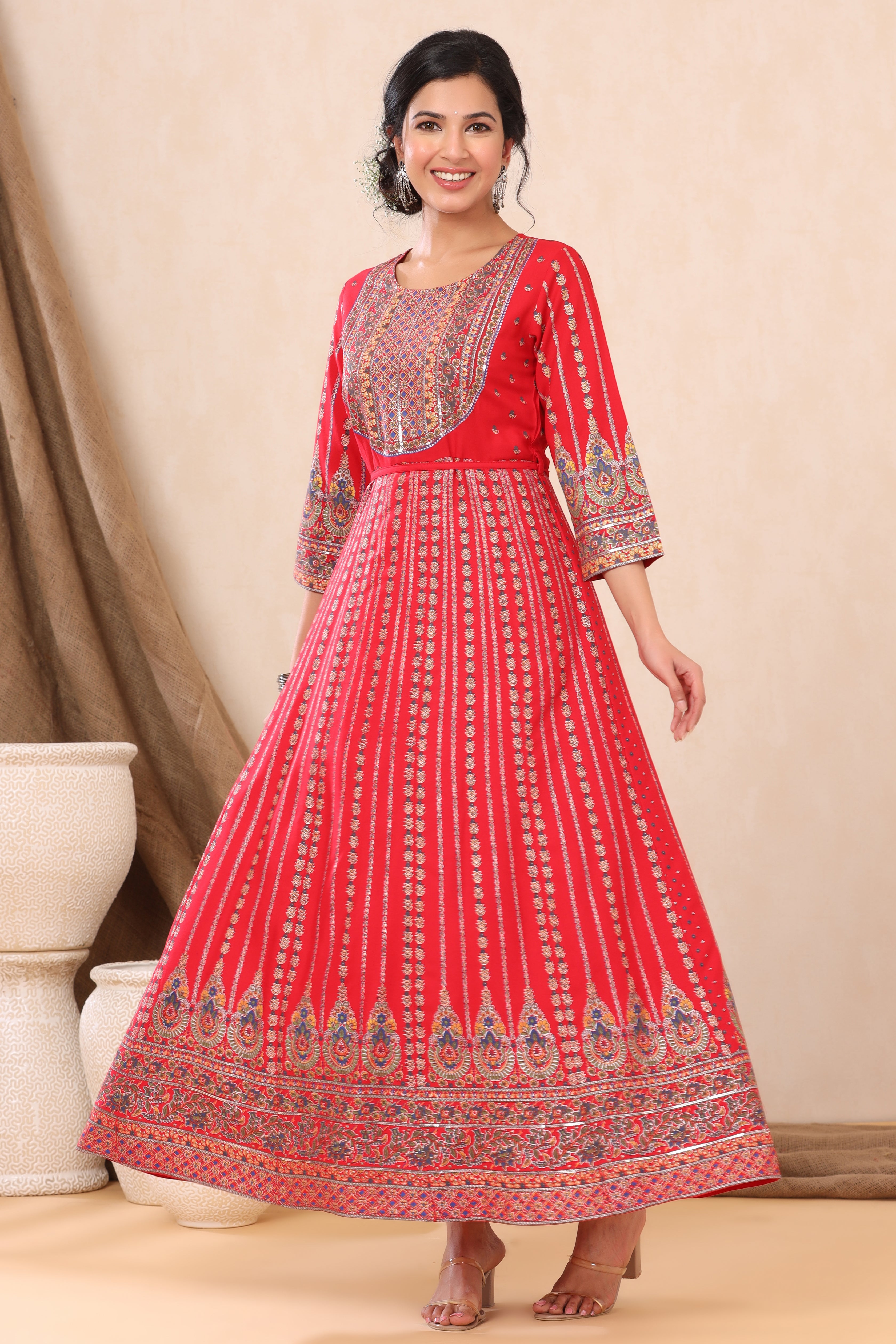 Juniper Red LIVA Rayon Printed Anarkali Dress