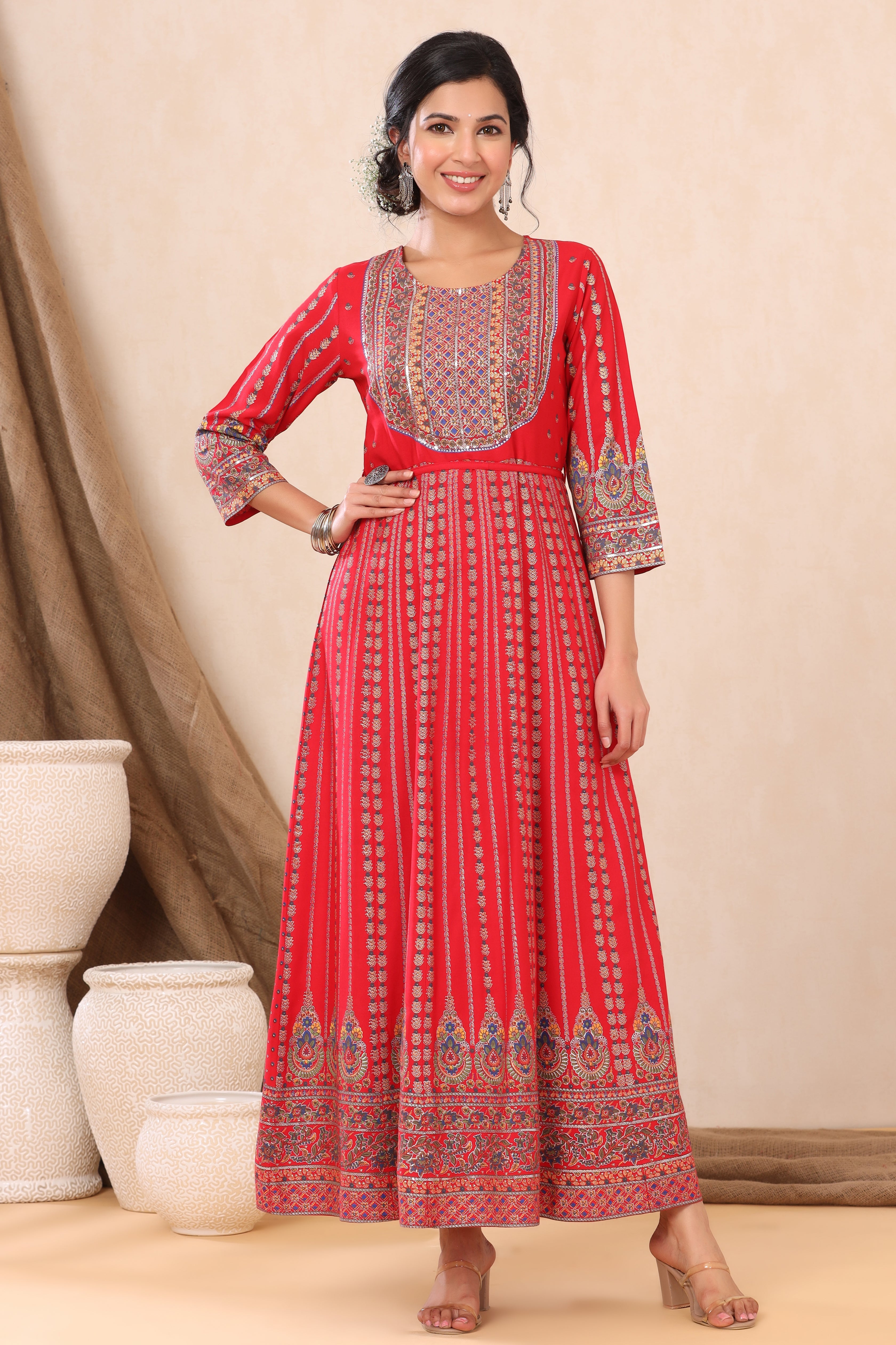 Juniper Red LIVA Rayon Printed Anarkali Dress