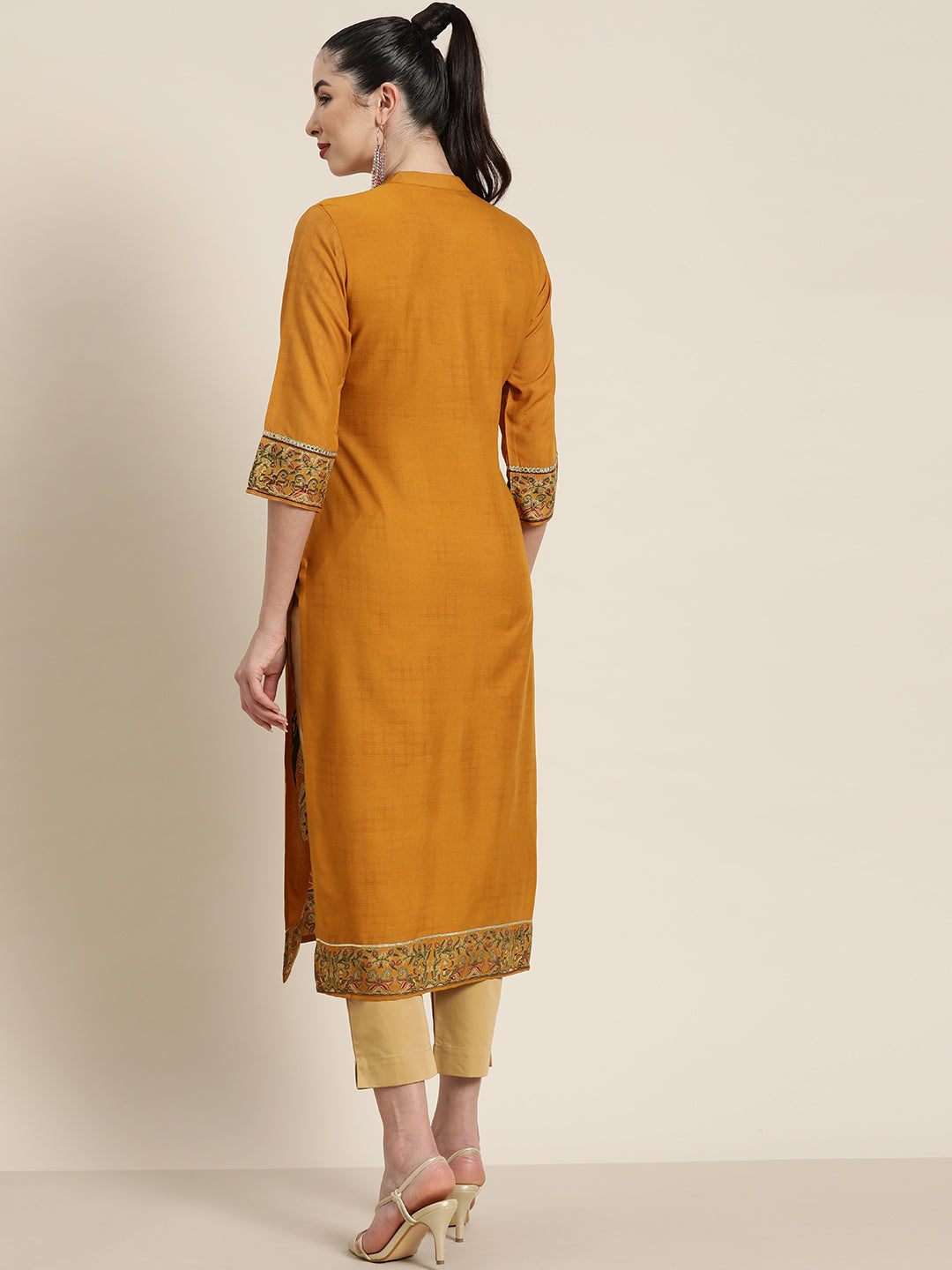 Juniper Mustard Ethnic Motif Printed Rayon Straight Kurta With Buttons & Tassels