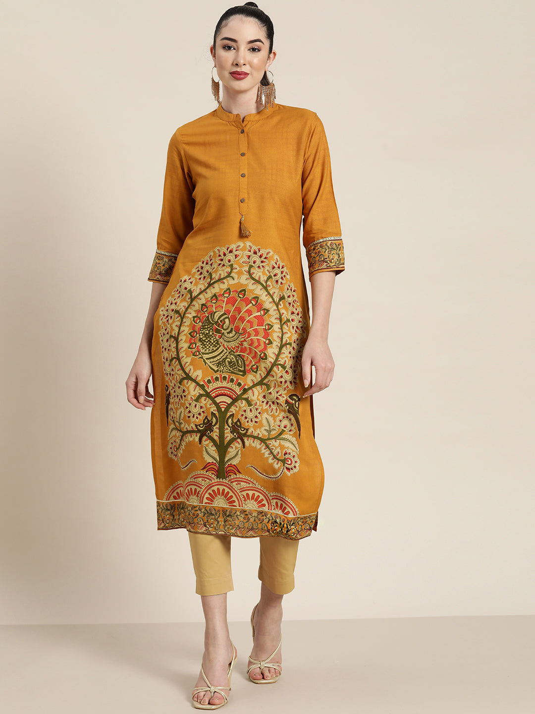 Juniper Mustard Ethnic Motif Printed Rayon Straight Kurta With Buttons & Tassels