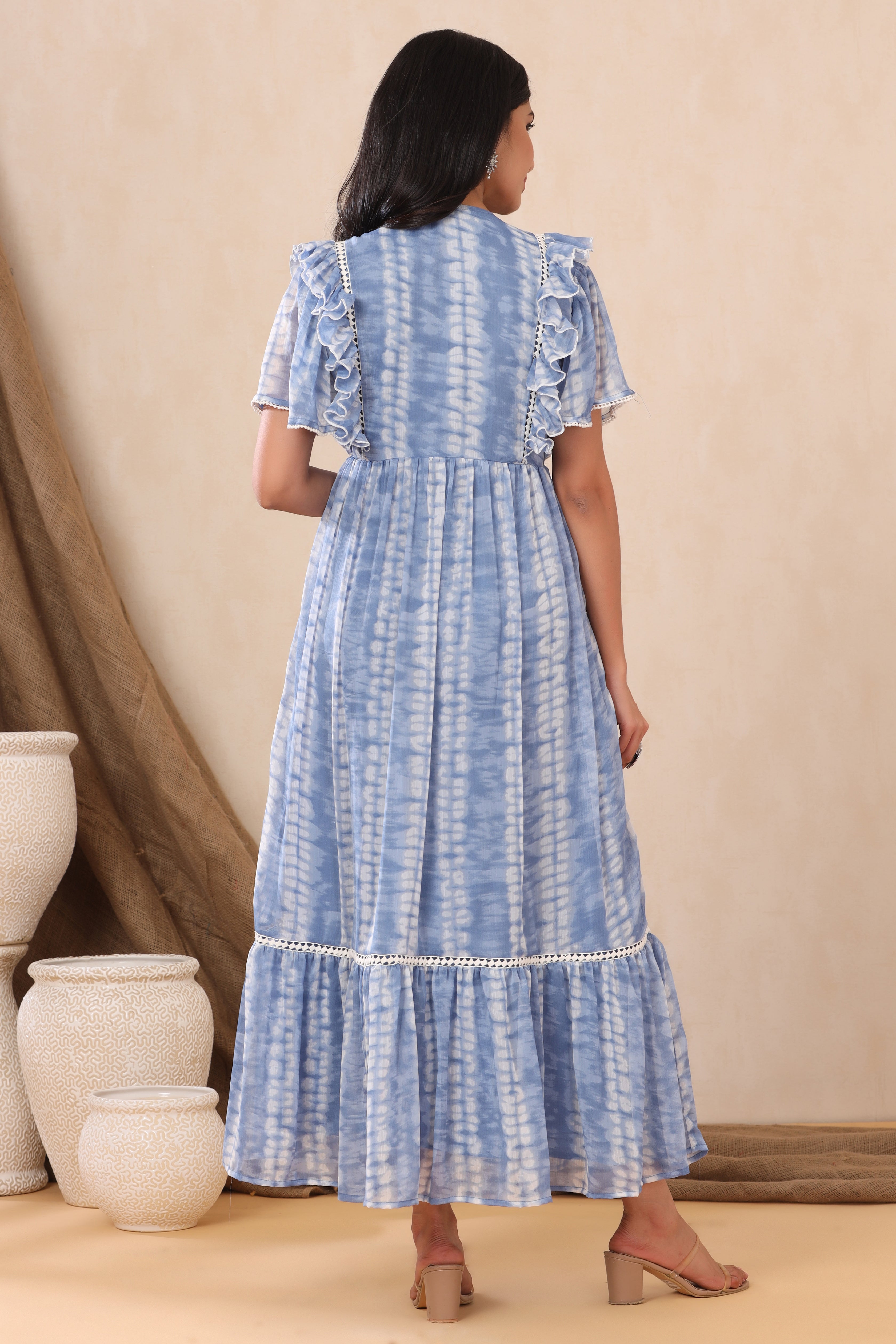 Juniper Powderblue Chiffon Tie & Dye Tiered Dress