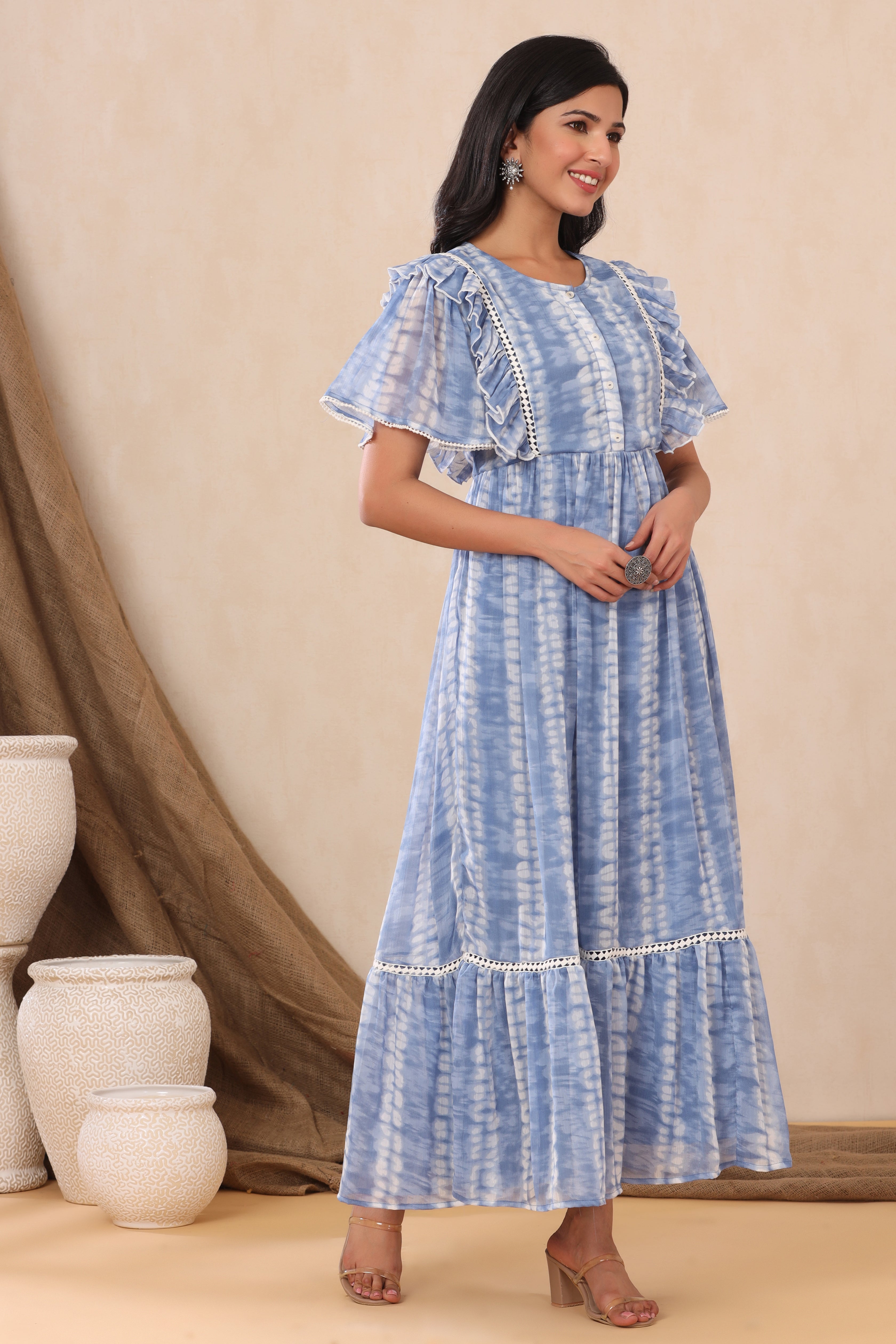 Juniper Powderblue Chiffon Tie & Dye Tiered Dress