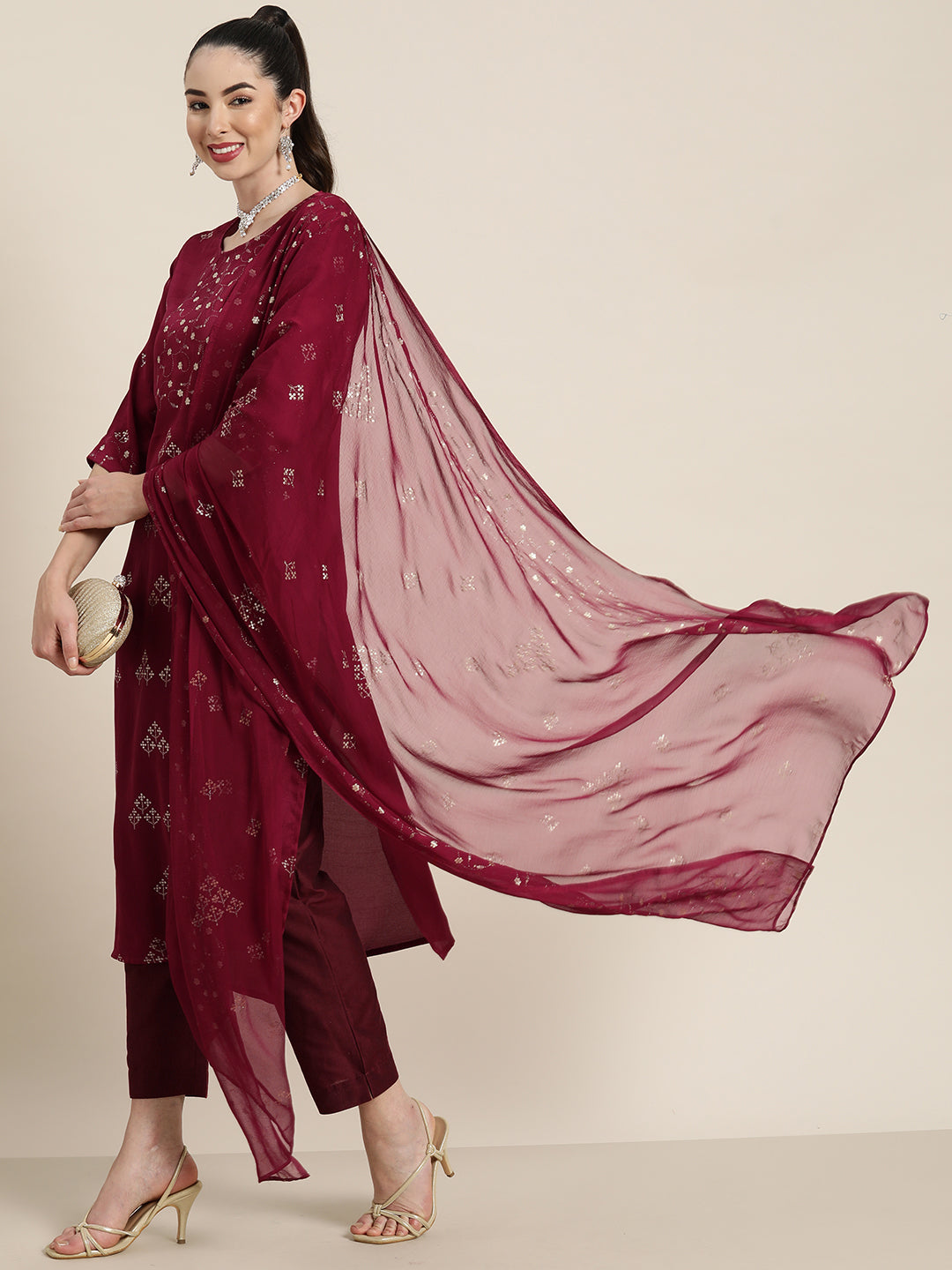 Juniper Wine Silk Printed Straight Kurta Pant Dupatta Set