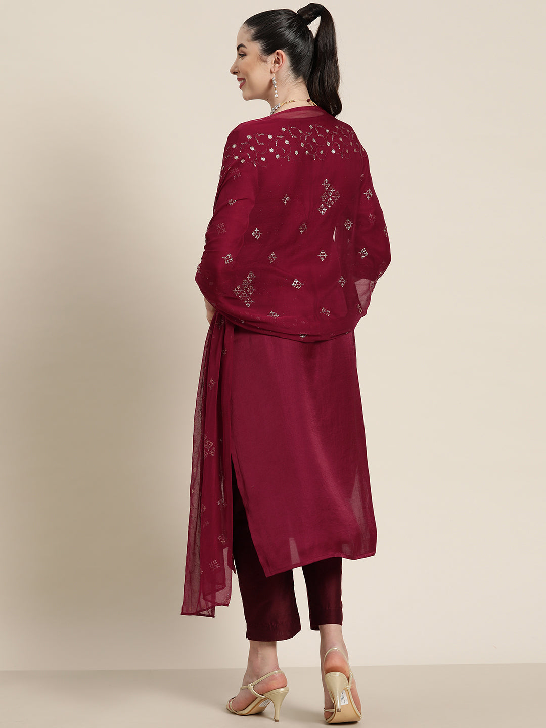 Juniper Wine Silk Printed Straight Kurta Pant Dupatta Set