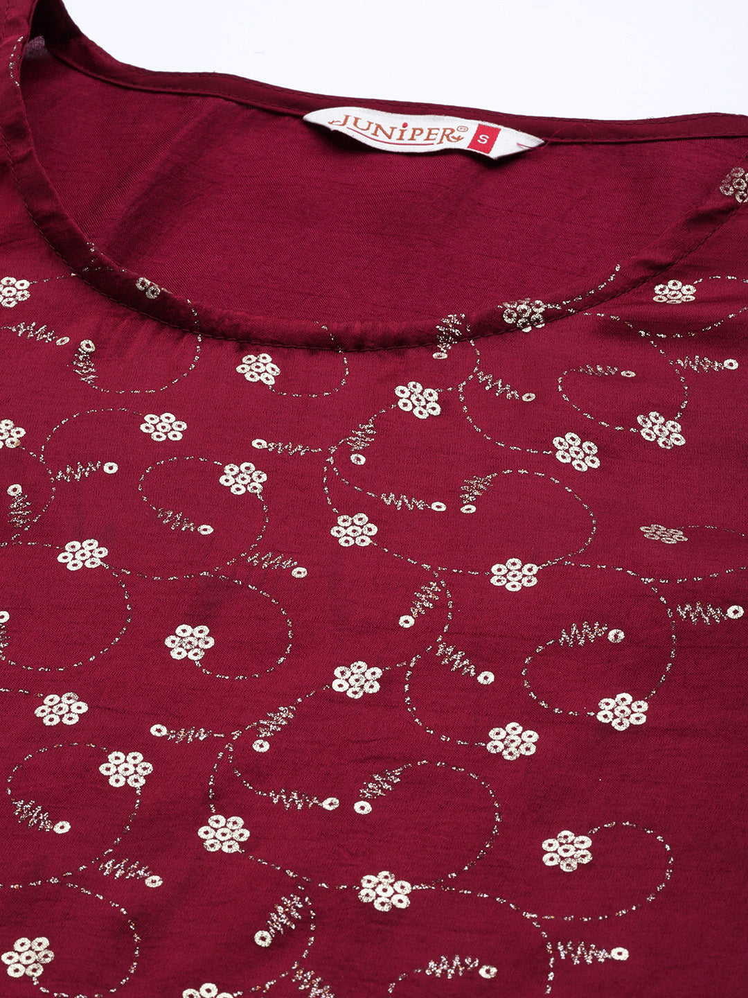 Juniper Wine Silk Printed Straight Kurta Pant Dupatta Set