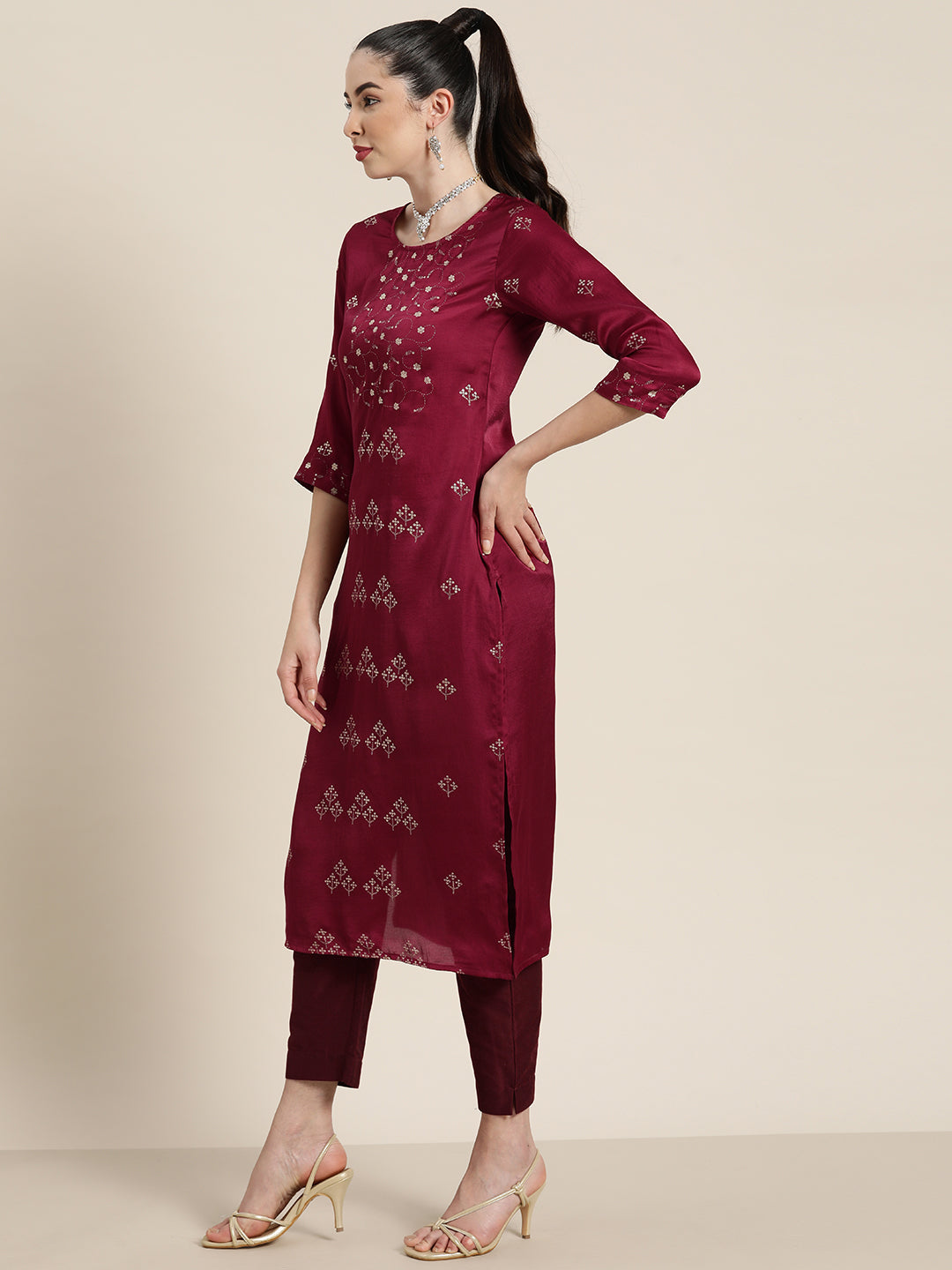 Juniper Wine Silk Printed Straight Kurta Pant Dupatta Set