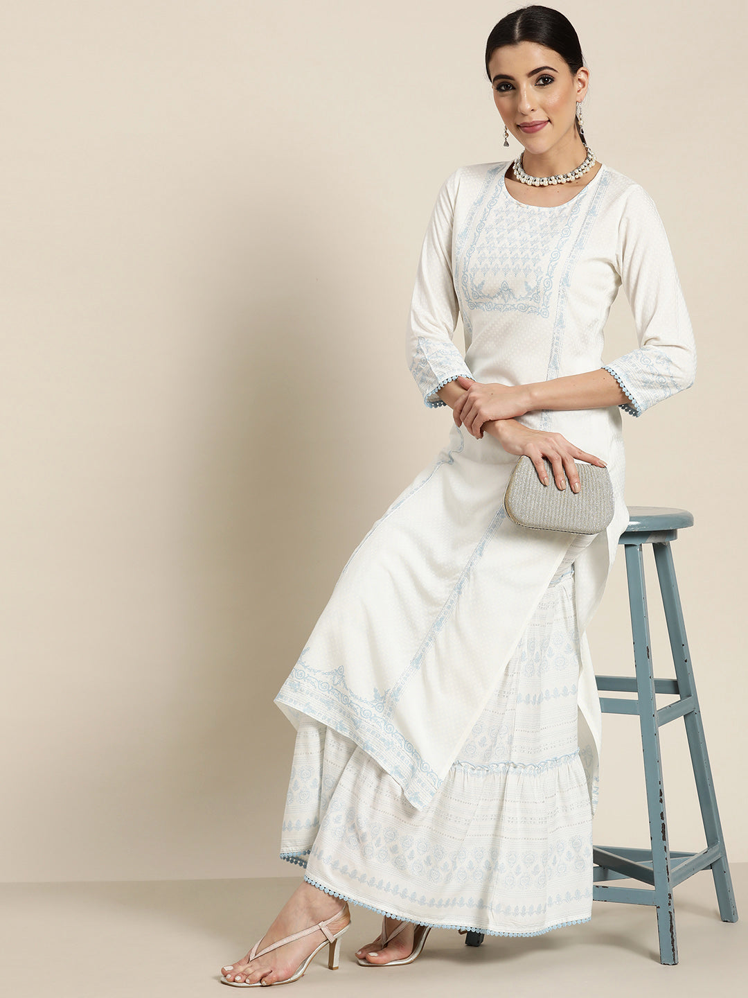 Juniper Off-White Ethnic Motif Printed Rayon Kurta with Gota & Lace Work - Juniper Fashion