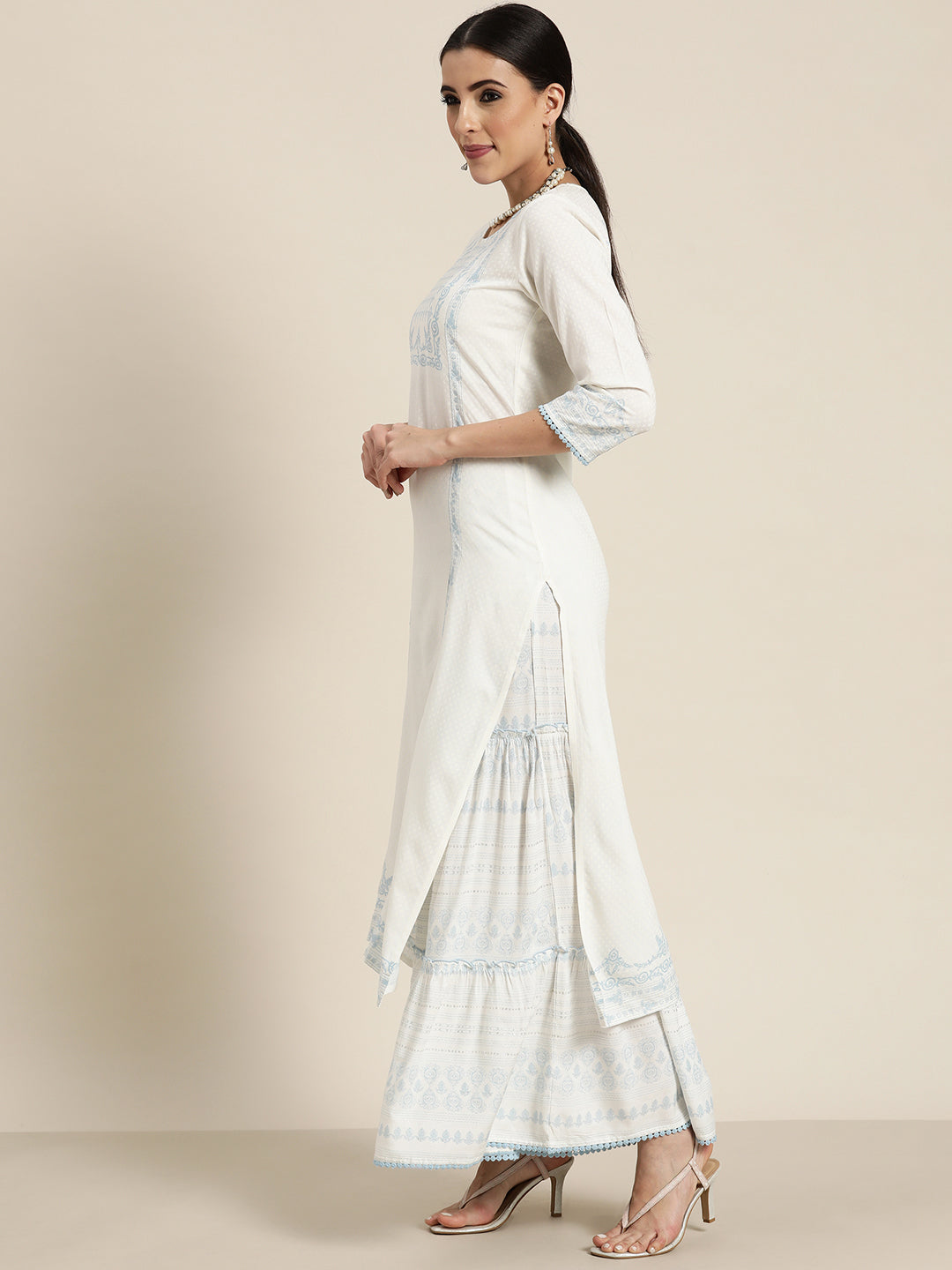 Juniper Off-White Ethnic Motif Printed Rayon Kurta with Gota & Lace Work - Juniper Fashion