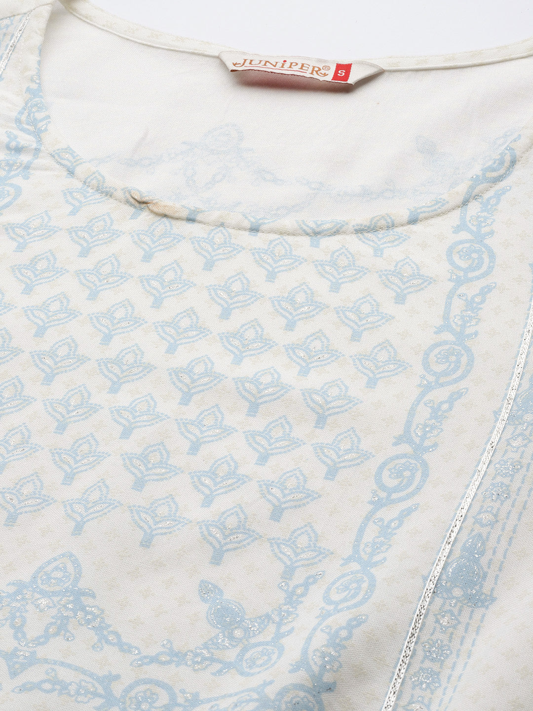 Juniper Off-White Ethnic Motif Printed Rayon Kurta with Gota & Lace Work - Juniper Fashion